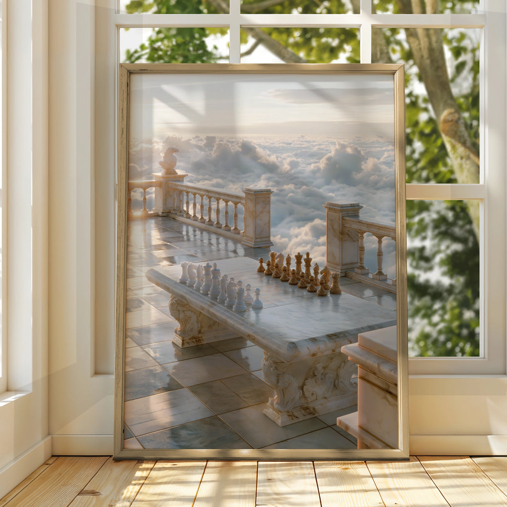 Chess Above the Clouds, Marble Terrace Wall Art Poster, Surreal Sky Print