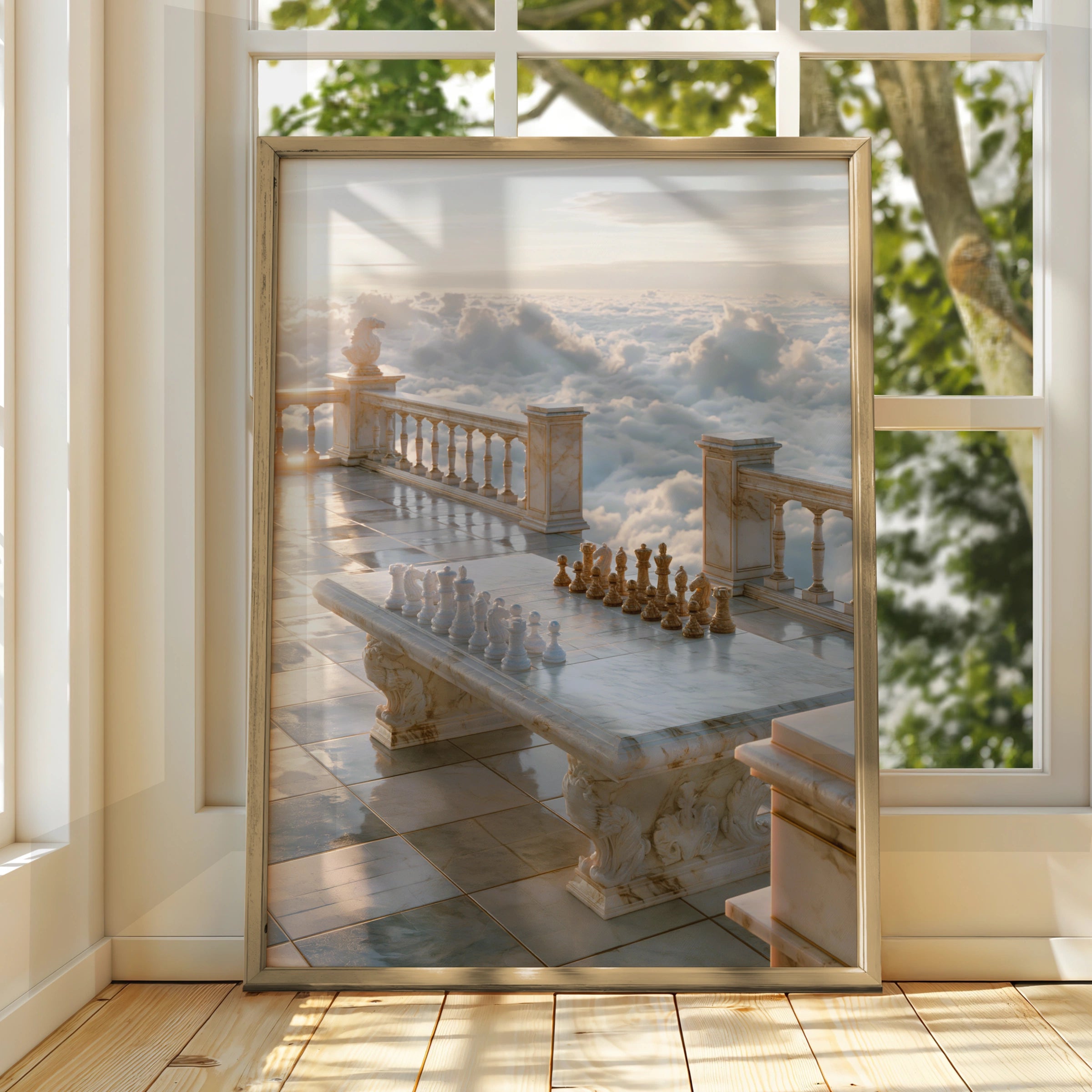 Chess Above the Clouds, Marble Terrace Wall Art Poster, Surreal Sky Print
