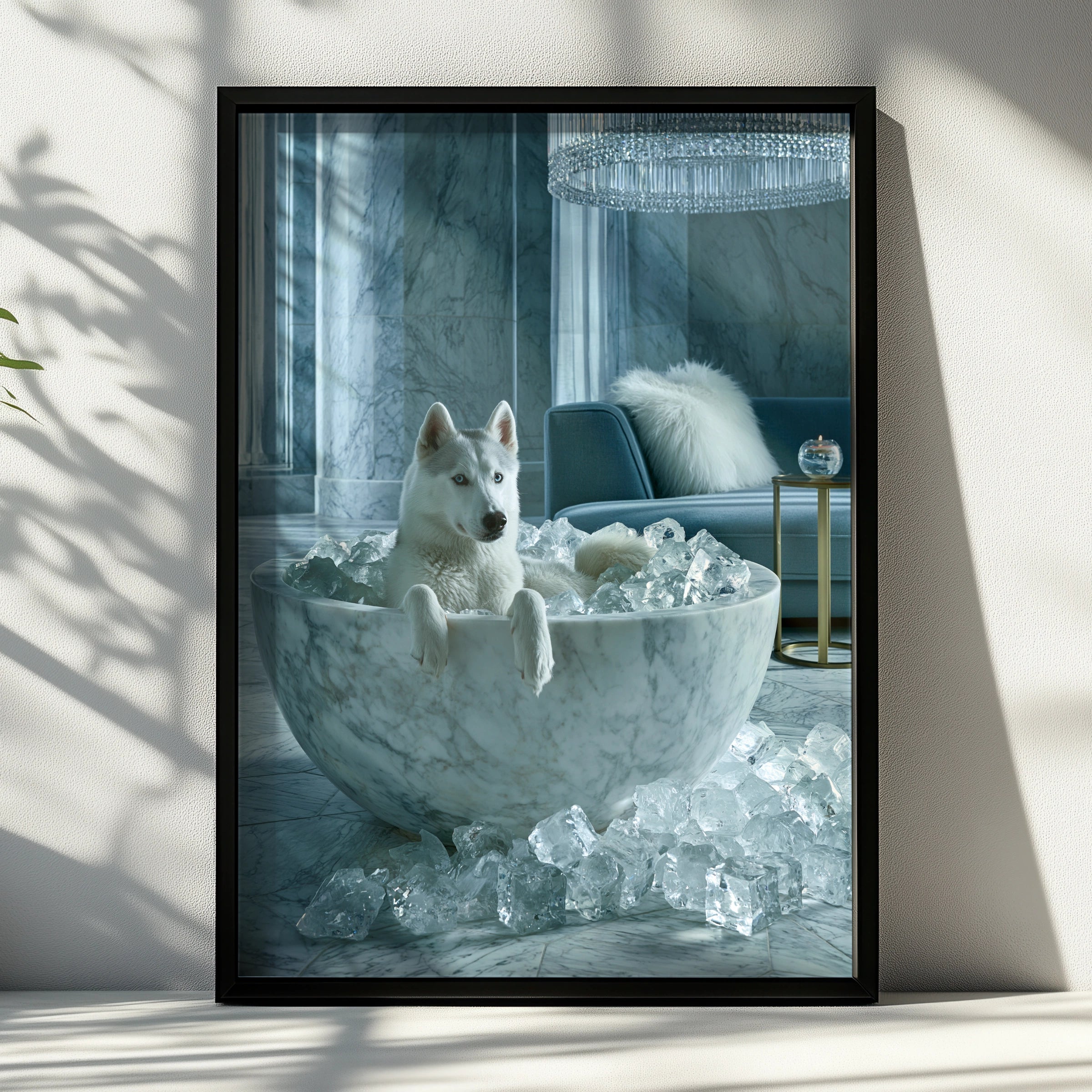 Husky in Marble Ice Bath Poster, Luxury Dog Wall Art, Cool Blue Print