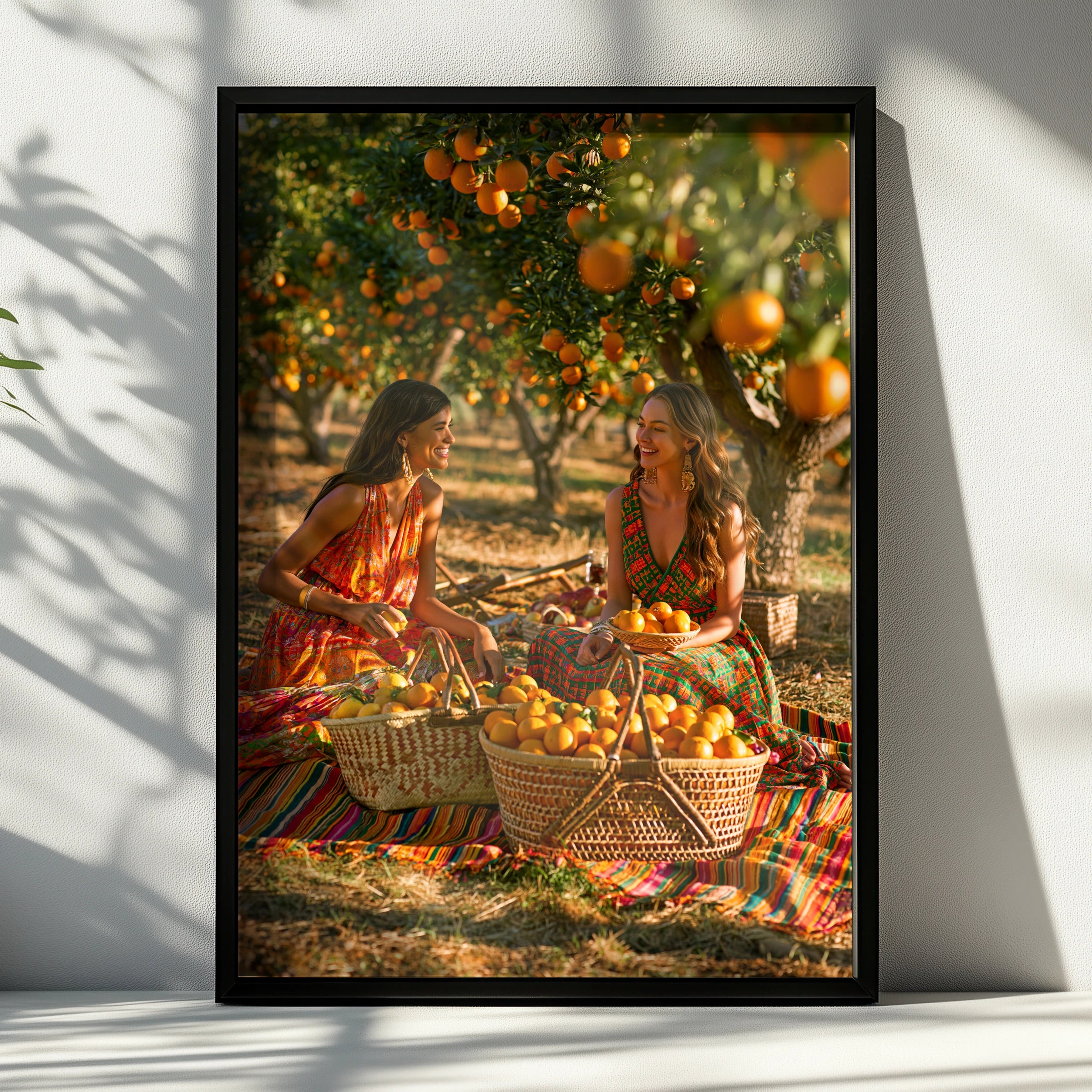 Women in Orange Grove Wall Art Poster, Boho Summer Print, Vibrant Orchard Scene