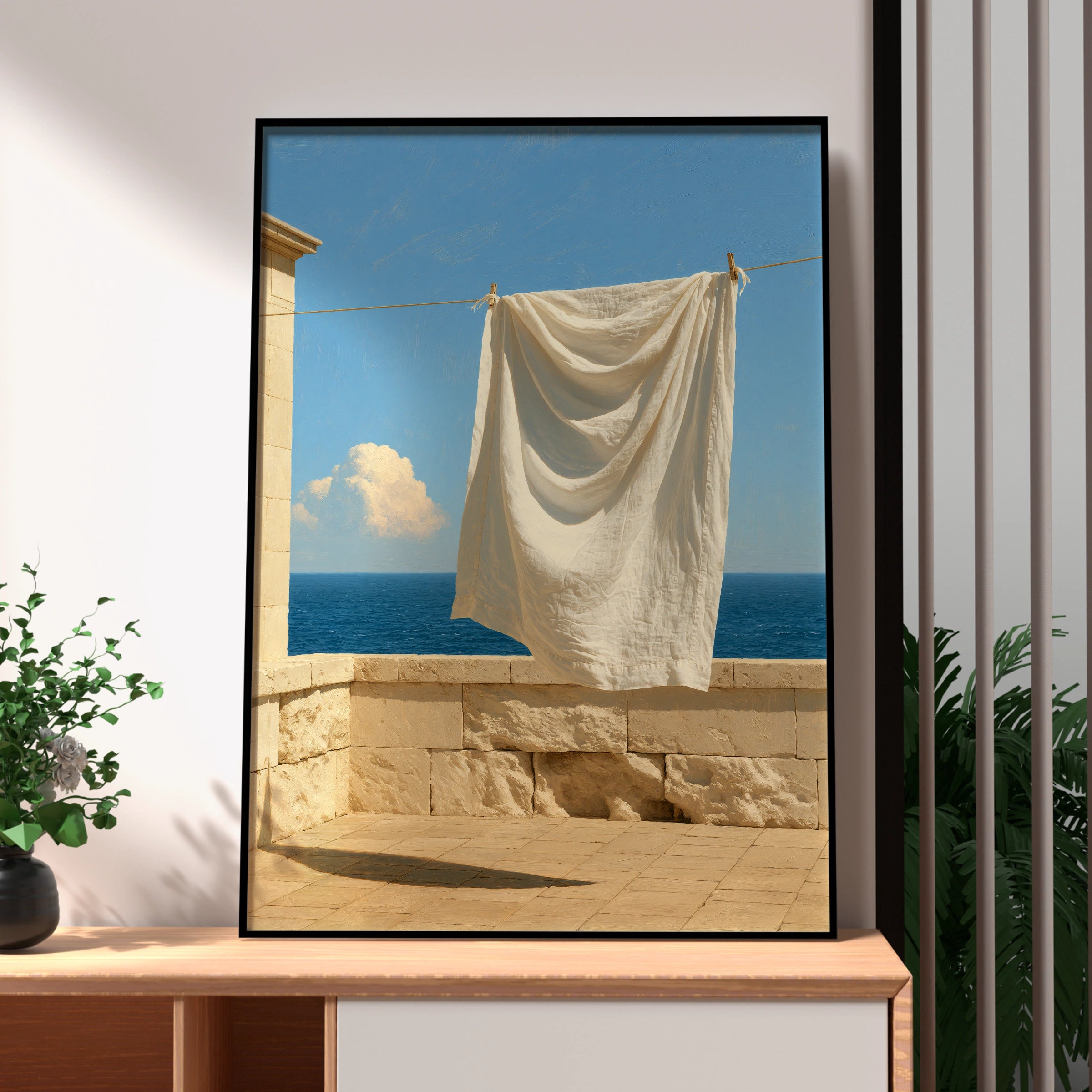 Mediterranean Laundry Sea View Poster, White Linen Coastal Wall Art Print