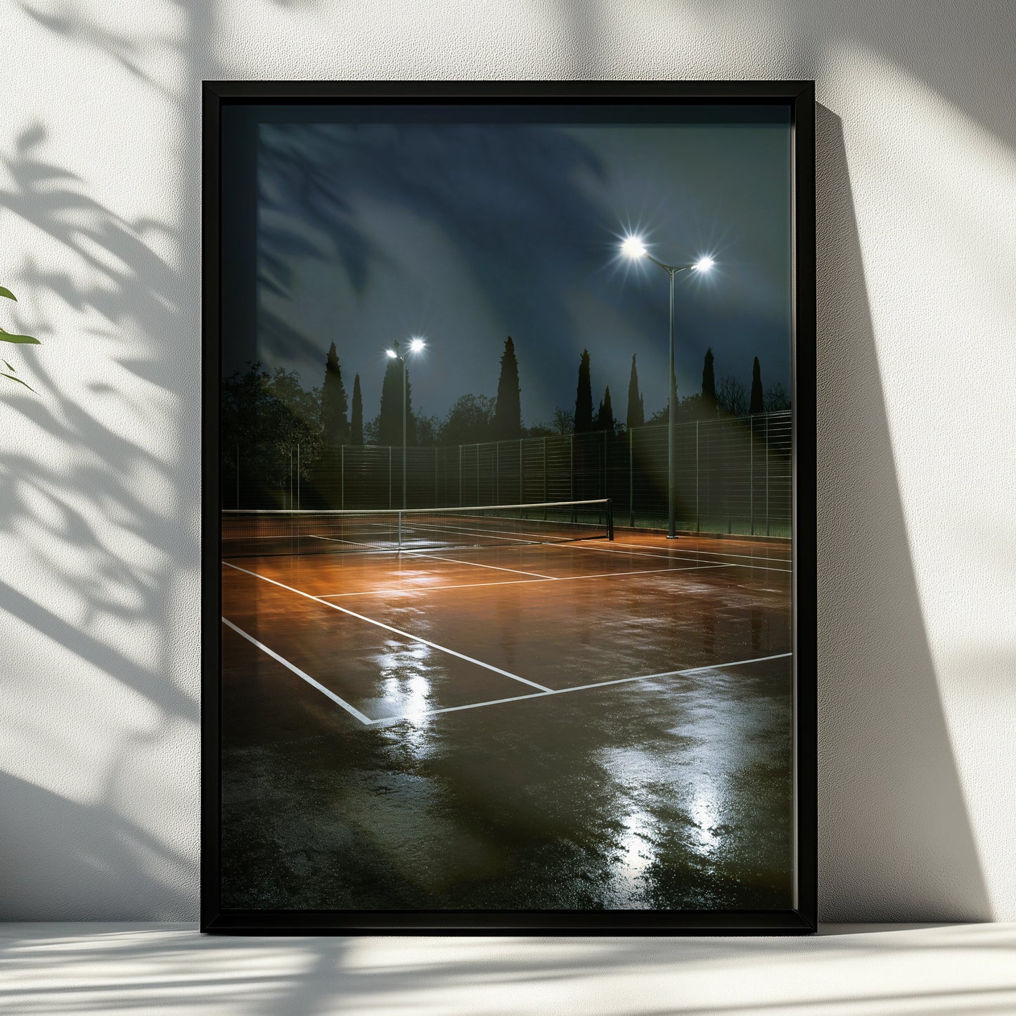 Tennis Court at Night Poster, Wet Clay Court Print, Moody Sport Wall Art