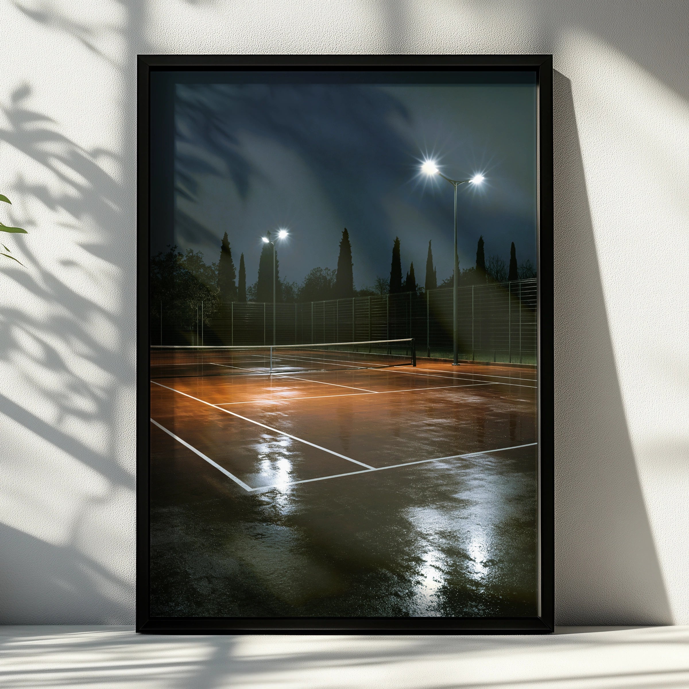 Tennis Court at Night Poster, Wet Clay Court Print, Moody Sport Wall Art