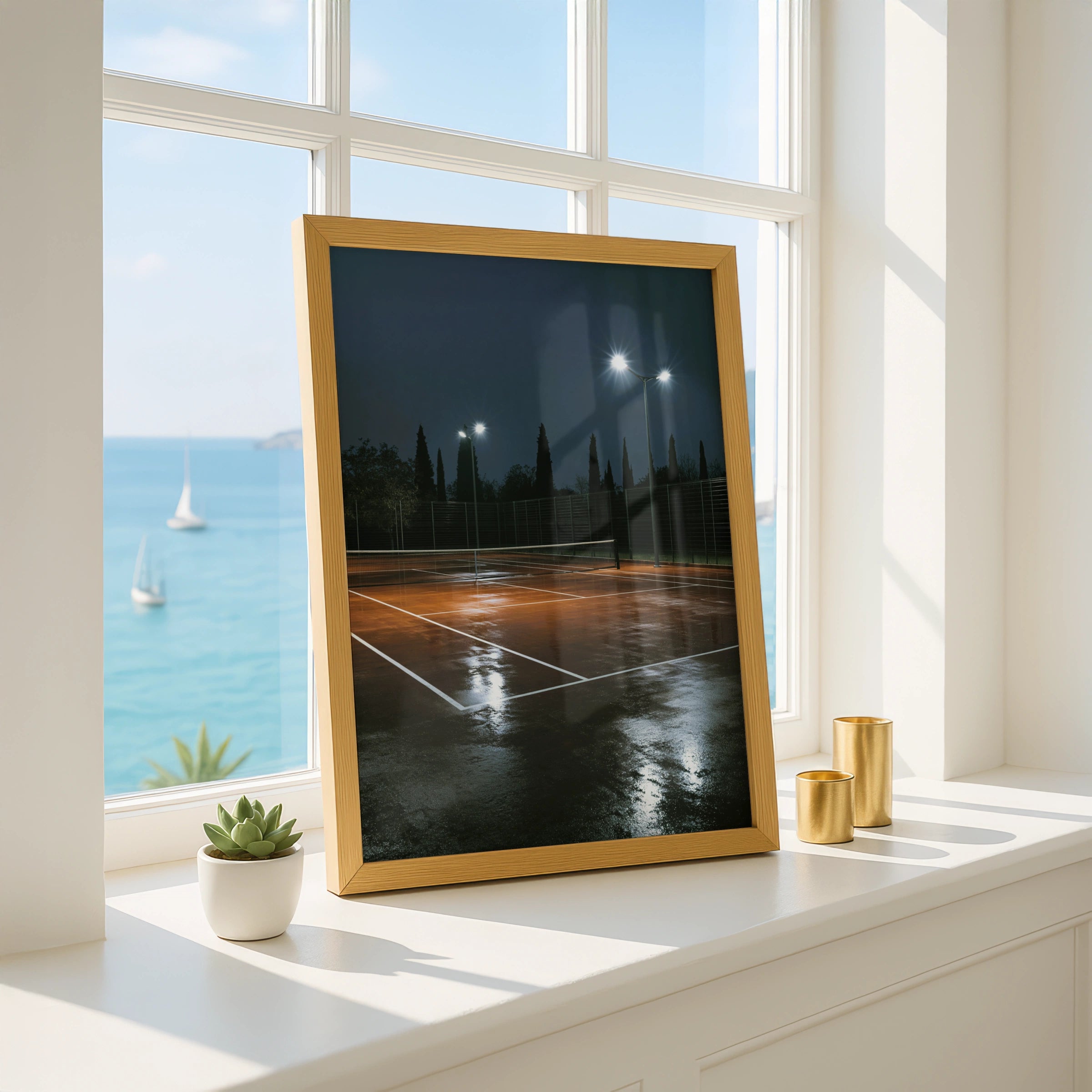 Tennis Court at Night Poster, Wet Clay Court Print, Moody Sport Wall Art