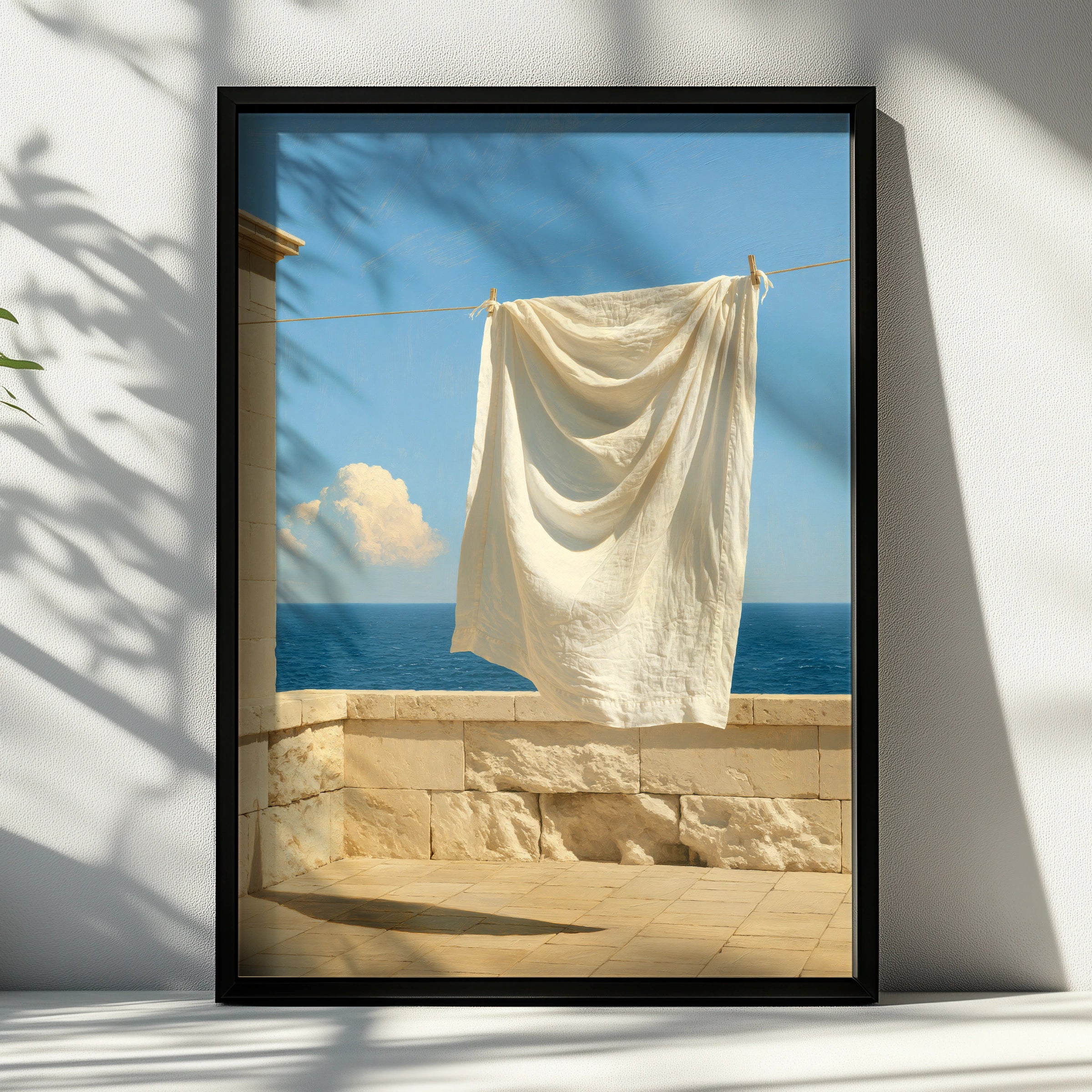 Mediterranean Laundry Sea View Poster, White Linen Coastal Wall Art Print