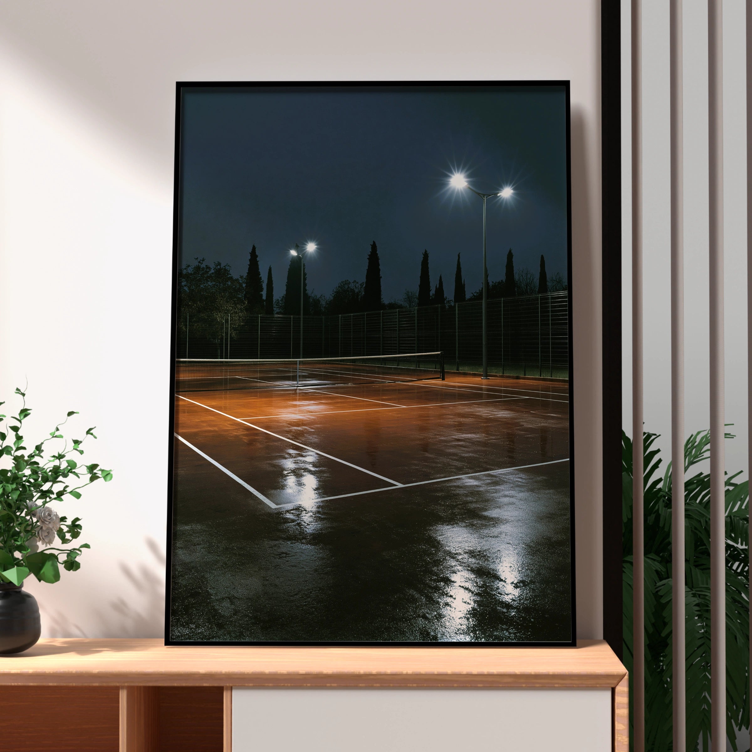 Tennis Court at Night Poster, Wet Clay Court Print, Moody Sport Wall Art