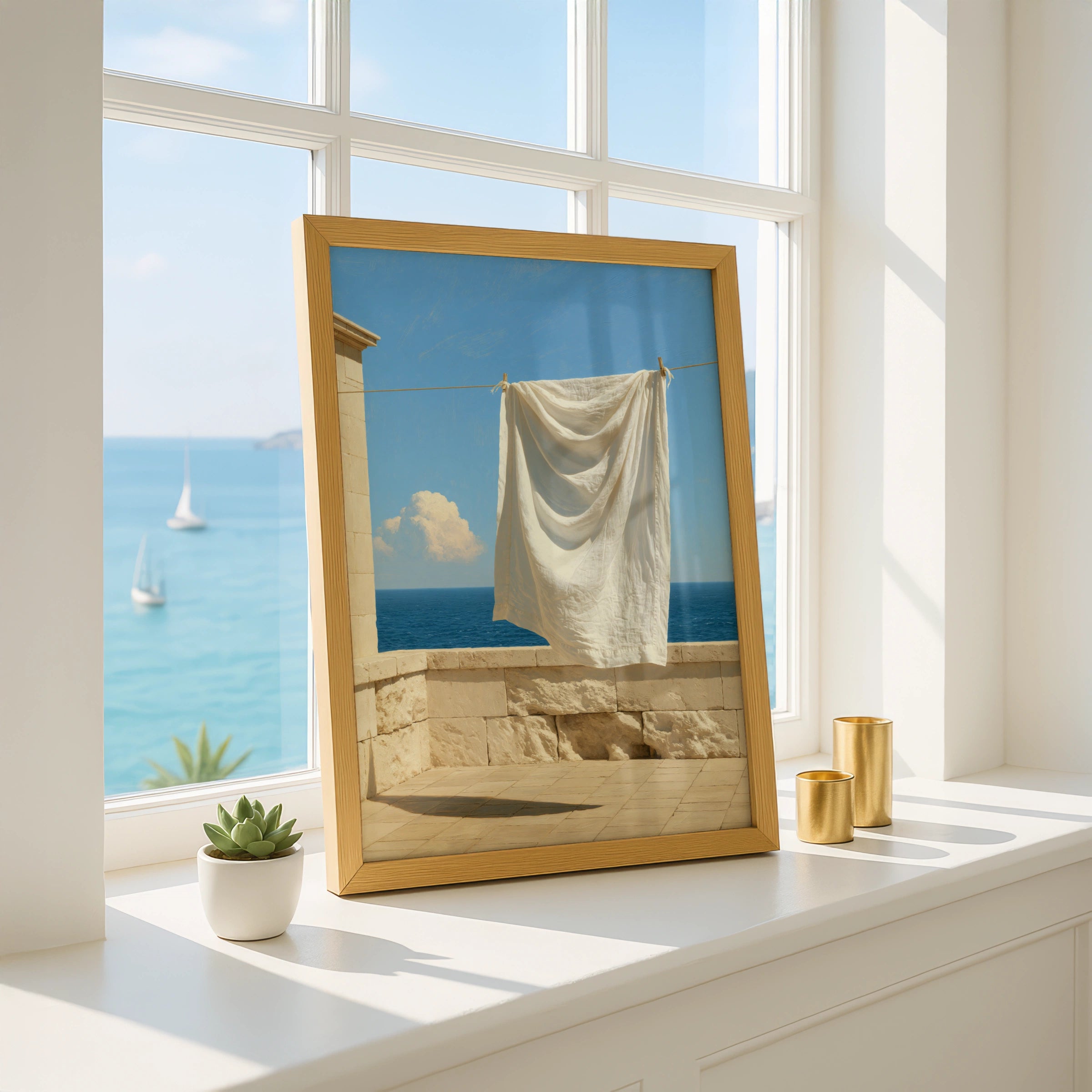 Mediterranean Laundry Sea View Poster, White Linen Coastal Wall Art Print