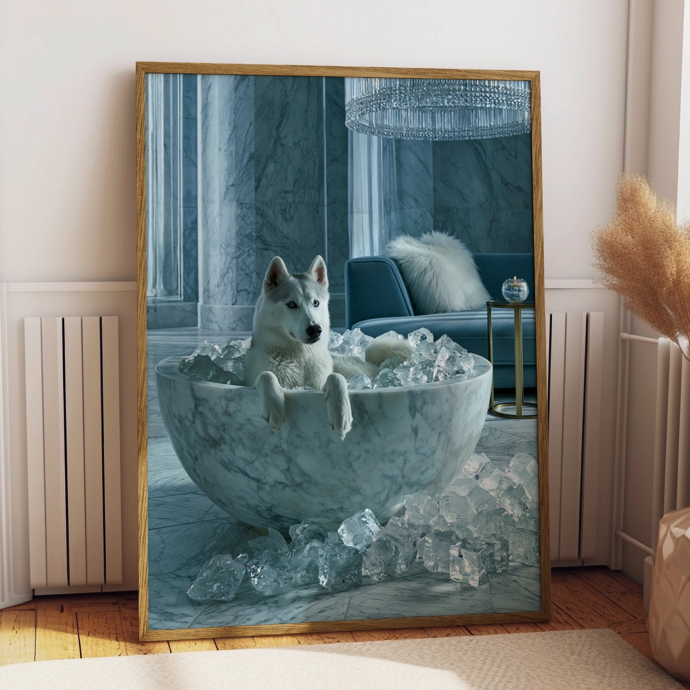 Husky in Marble Ice Bath Poster, Luxury Dog Wall Art, Cool Blue Print