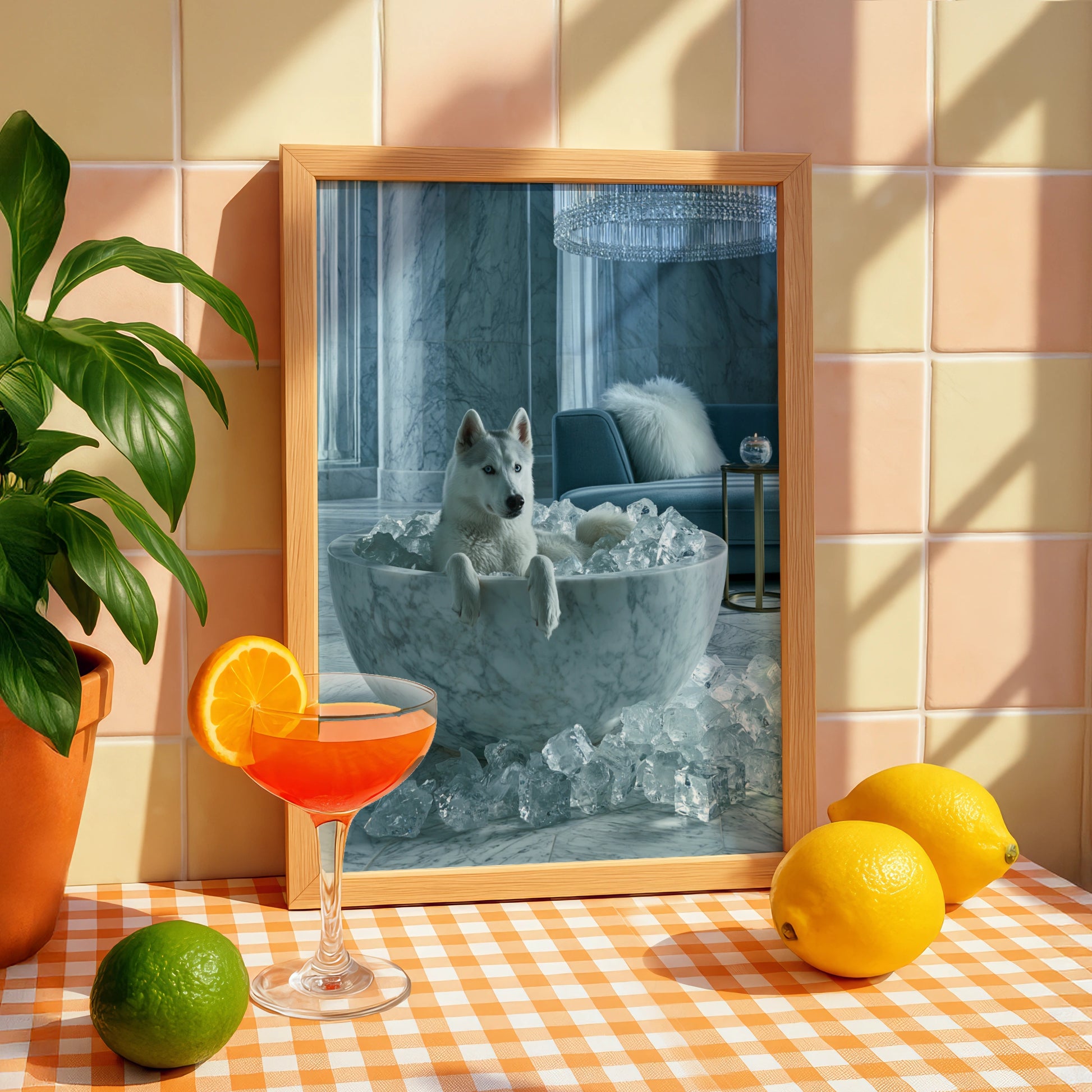 Husky in Marble Ice Bath Poster, Luxury Dog Wall Art, Cool Blue Print