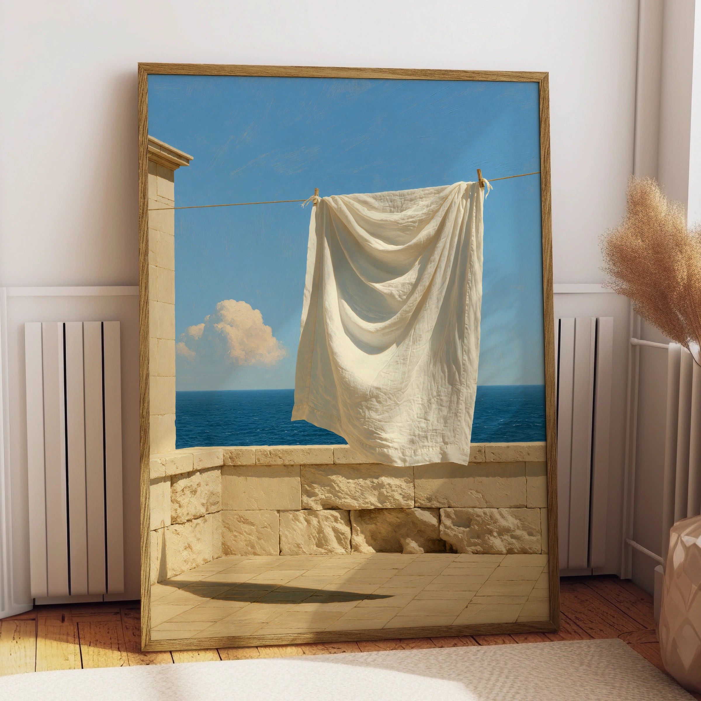 Mediterranean Laundry Sea View Poster, White Linen Coastal Wall Art Print