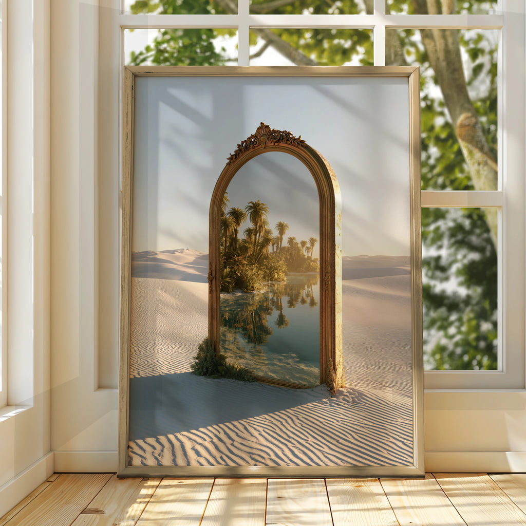 Desert Oasis Mirror Poster, Surreal Palm Tree Sand Dune Wall Art Print