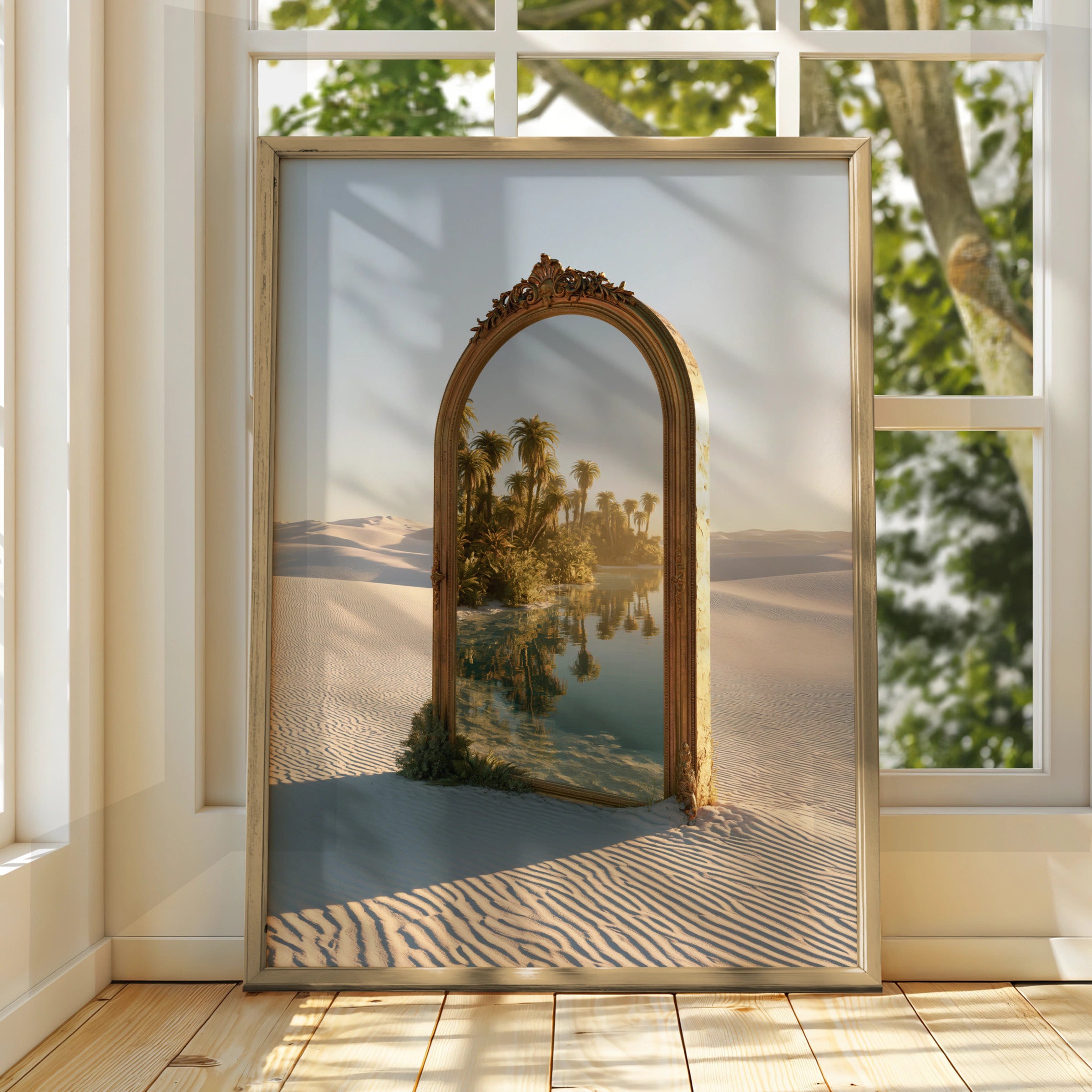 Desert Oasis Mirror Poster, Surreal Palm Tree Sand Dune Wall Art Print