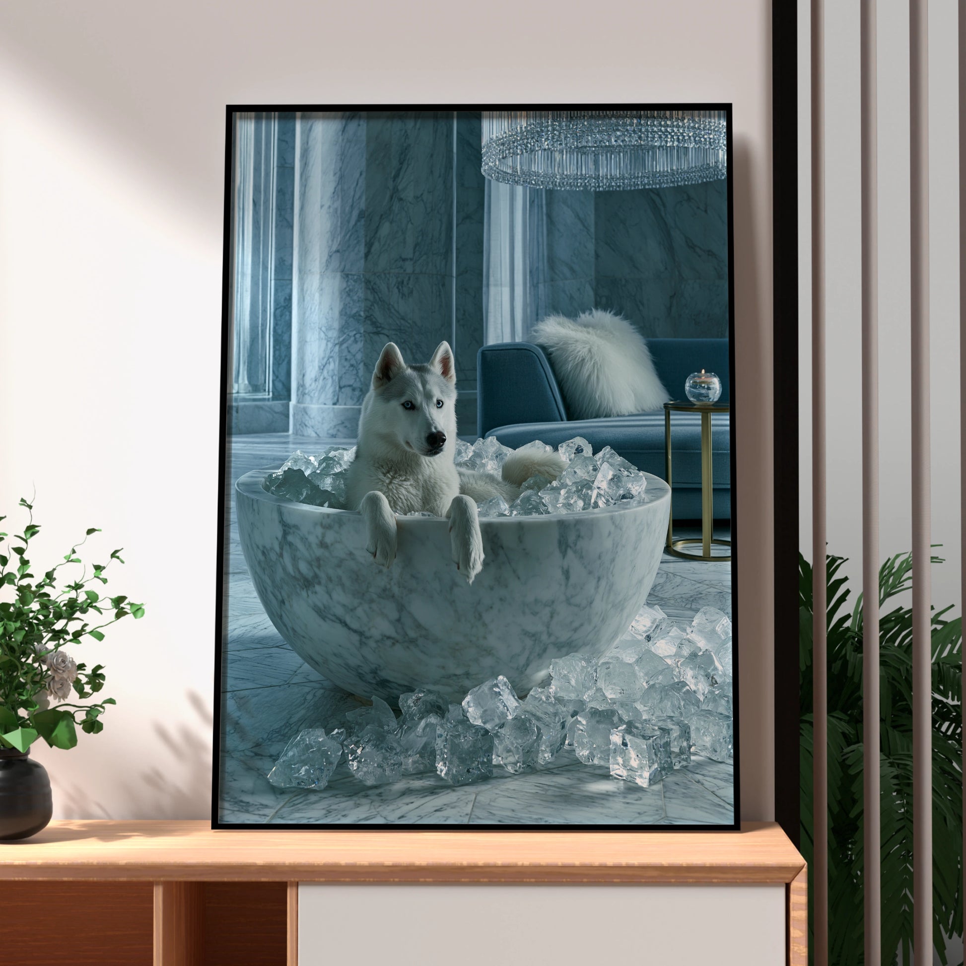 Husky in Marble Ice Bath Poster, Luxury Dog Wall Art, Cool Blue Print