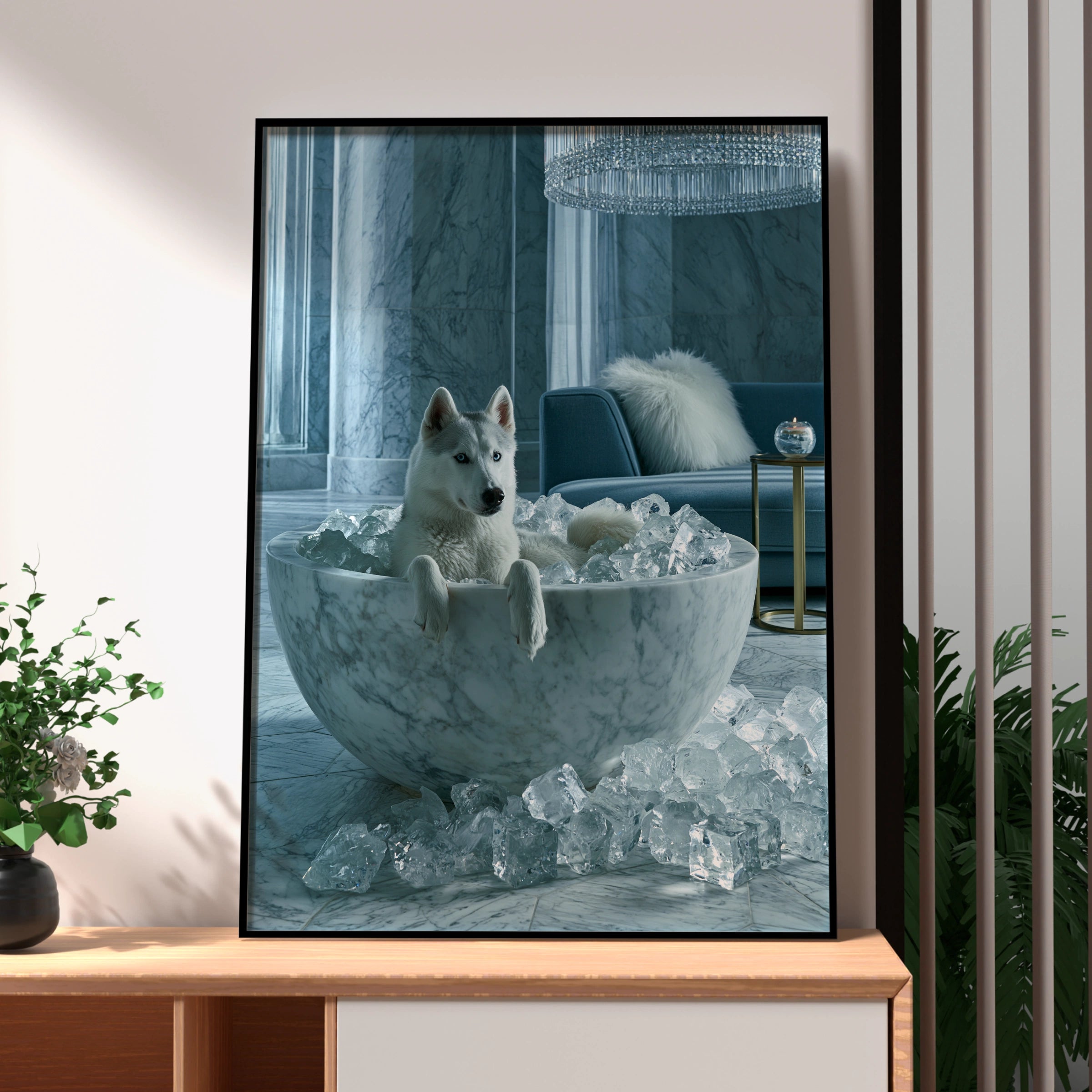 Husky in Marble Ice Bath Poster, Luxury Dog Wall Art, Cool Blue Print
