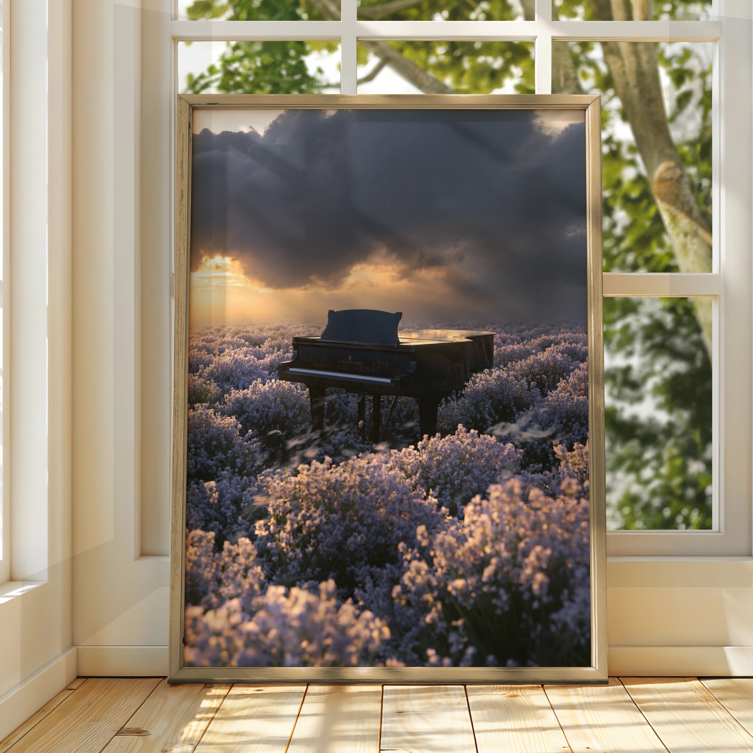 Piano in Lavender Field Wall Art Poster, Dramatic Sunset, Moody Floral Print
