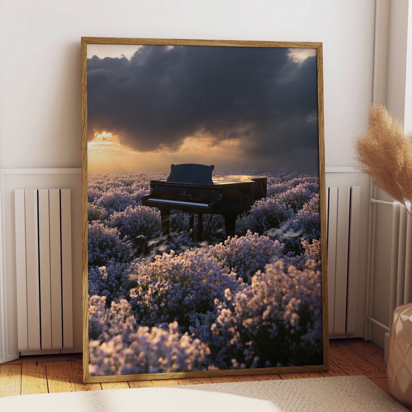Piano in Lavender Field Wall Art Poster, Dramatic Sunset, Moody Floral Print