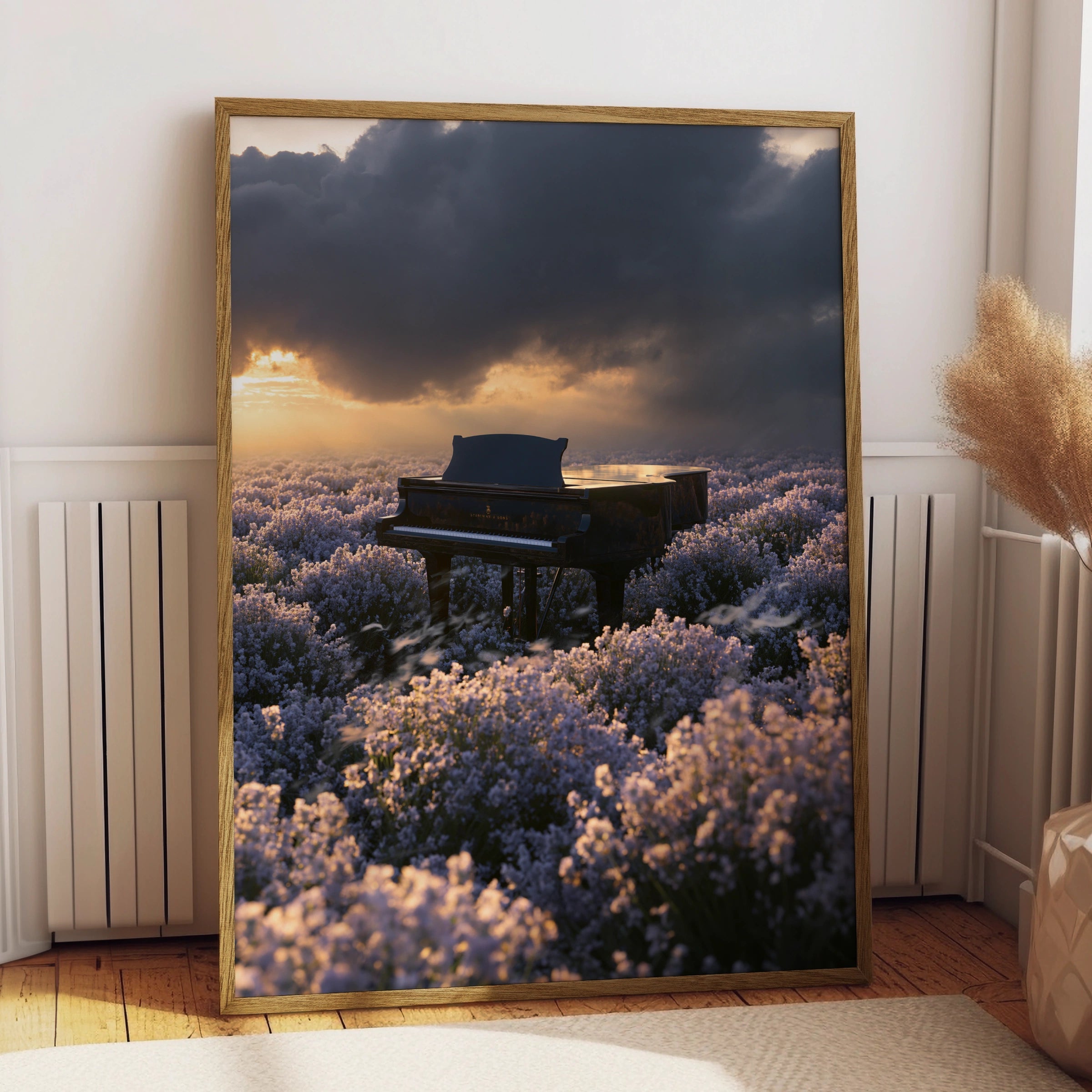 Piano in Lavender Field Wall Art Poster, Dramatic Sunset, Moody Floral Print