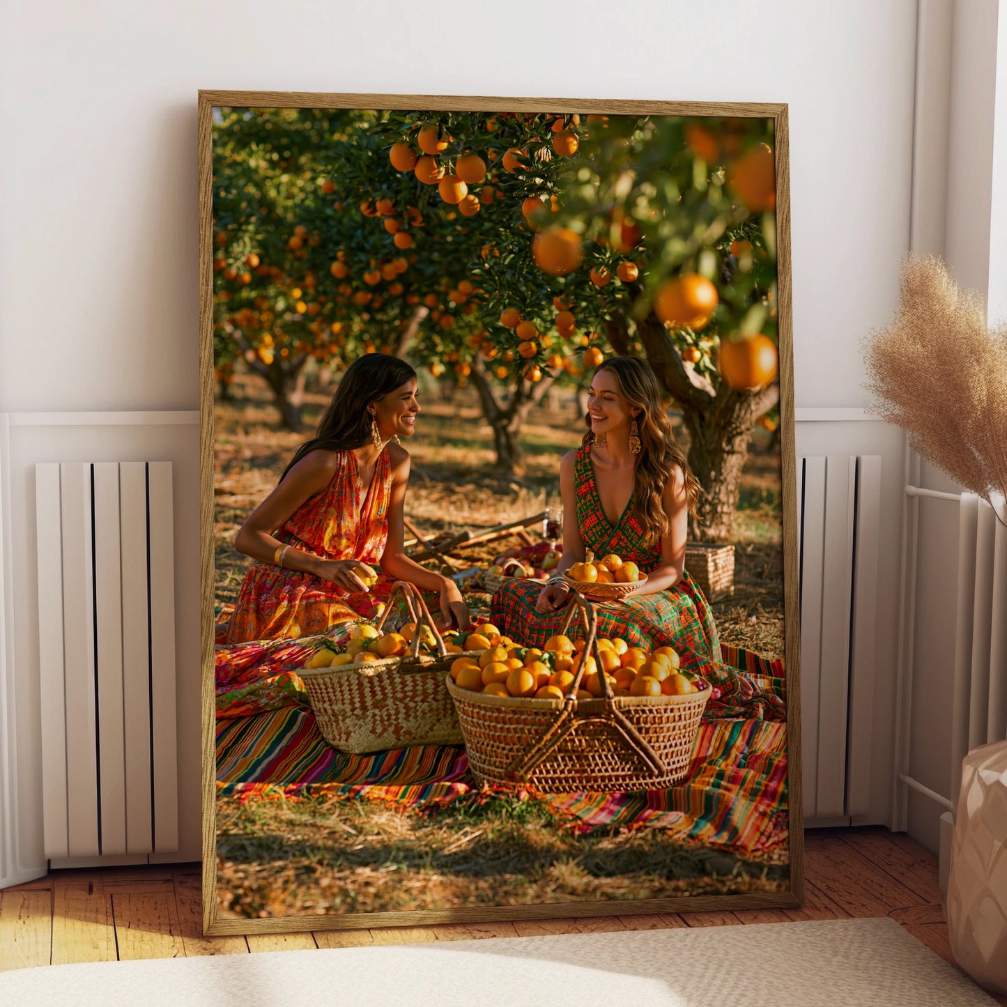 Women in Orange Grove Wall Art Poster, Boho Summer Print, Vibrant Orchard Scene