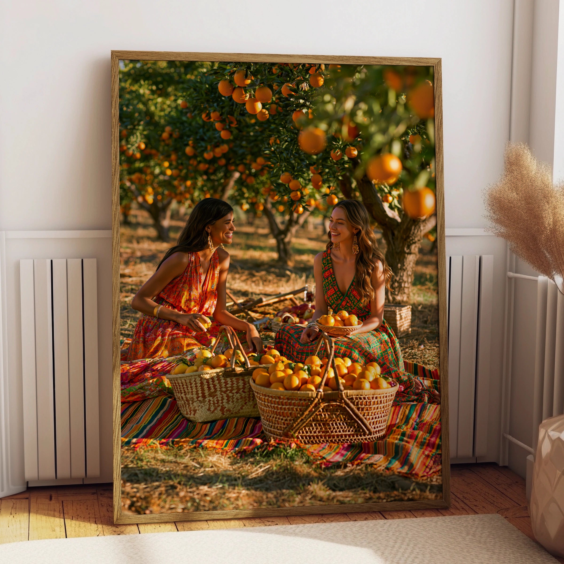 Women in Orange Grove Wall Art Poster, Boho Summer Print, Vibrant Orchard Scene