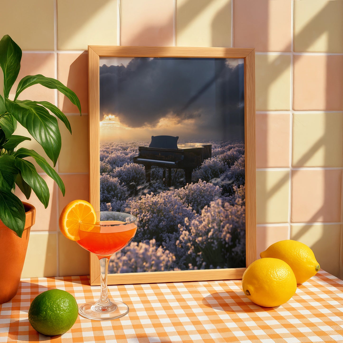 Piano in Lavender Field Wall Art Poster, Dramatic Sunset, Moody Floral Print