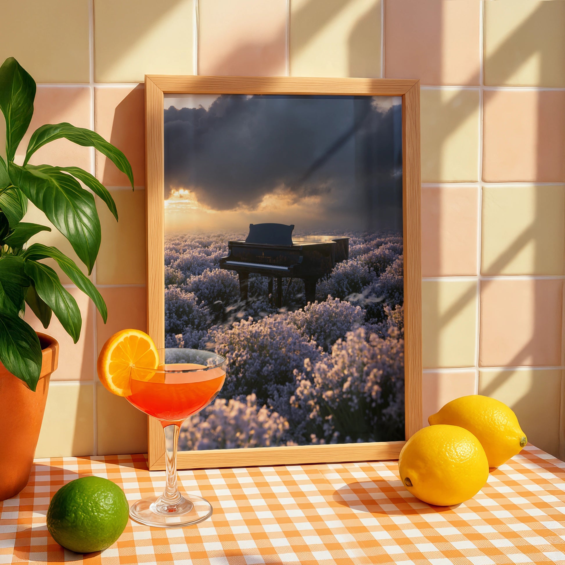 Piano in Lavender Field Wall Art Poster, Dramatic Sunset, Moody Floral Print
