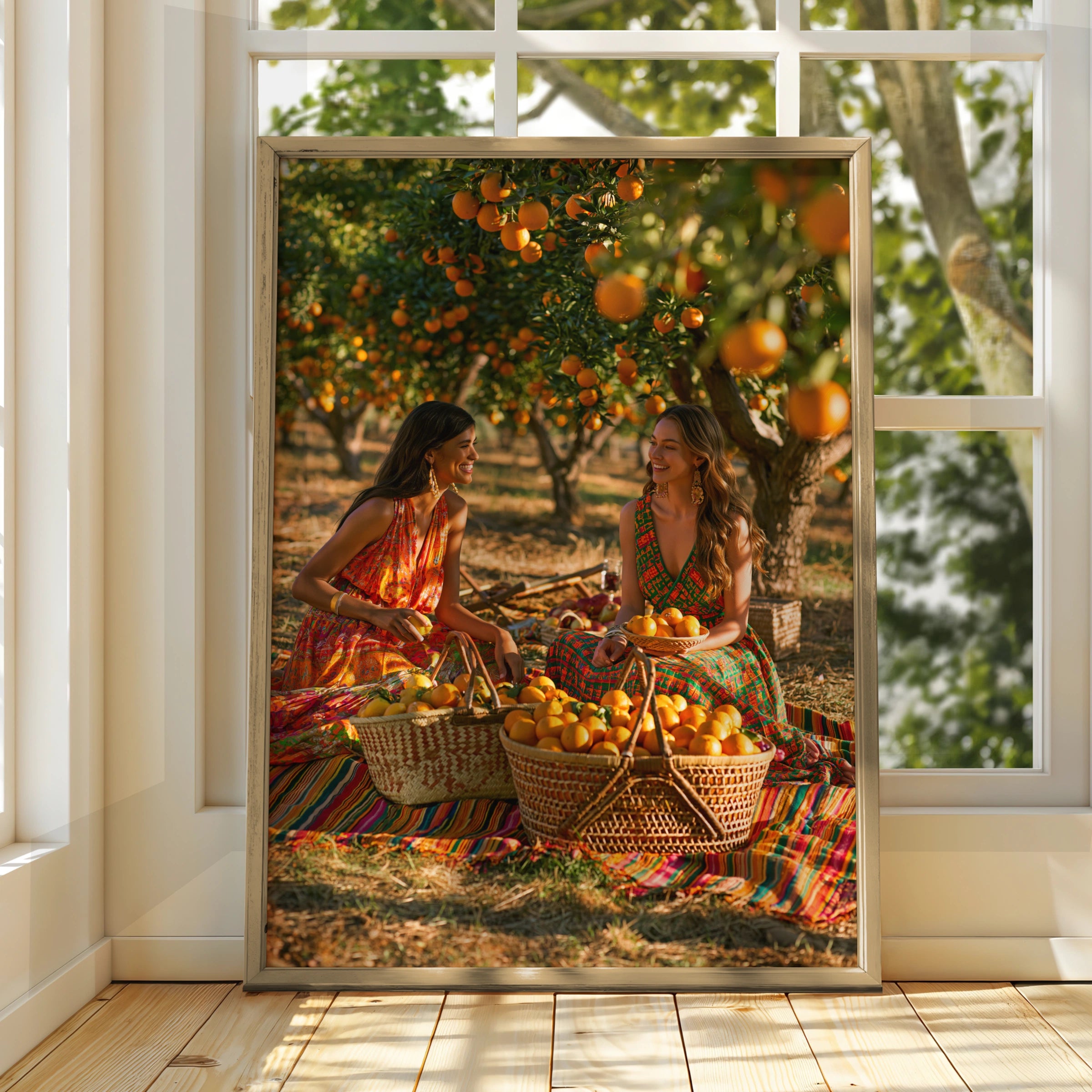Women in Orange Grove Wall Art Poster, Boho Summer Print, Vibrant Orchard Scene