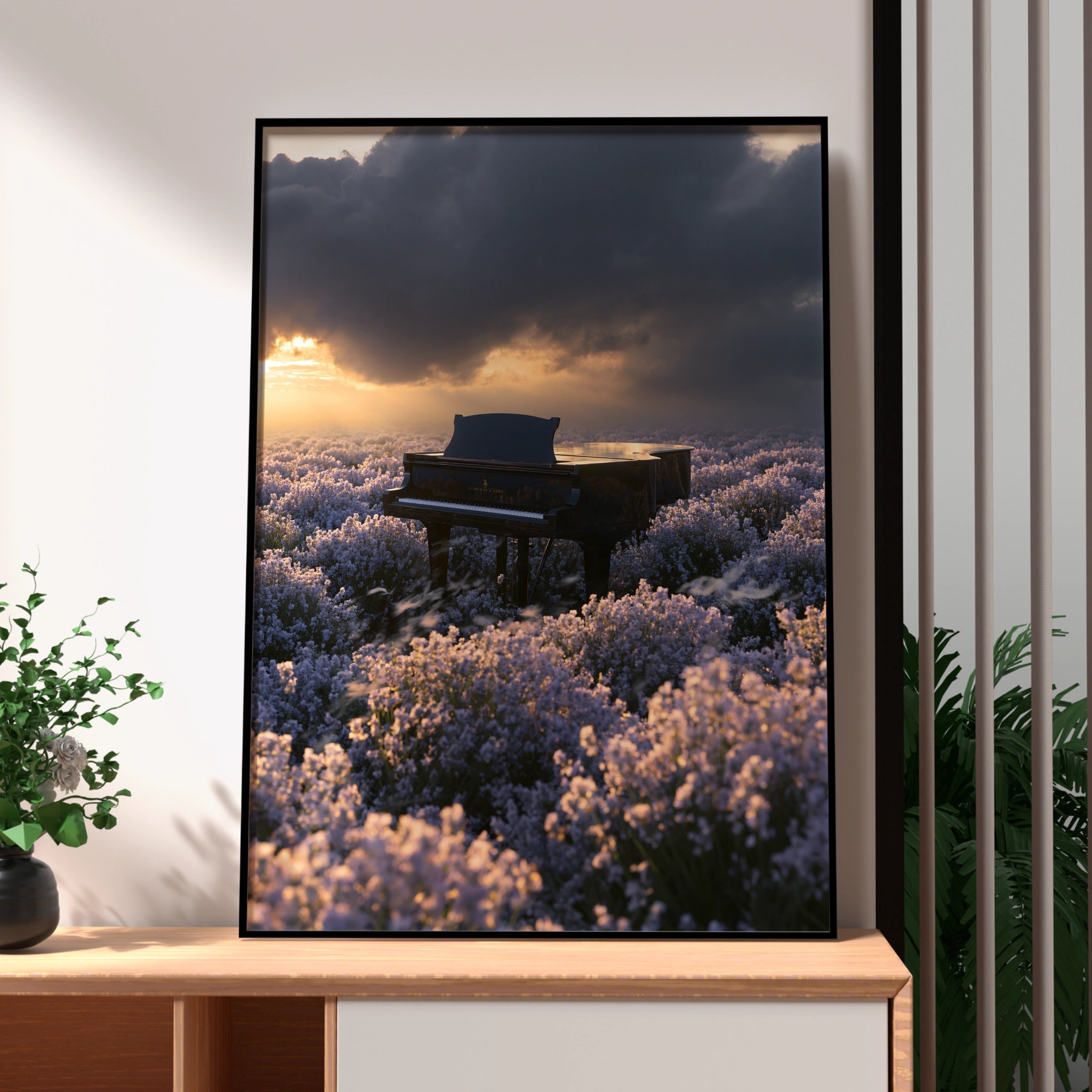 Piano in Lavender Field Wall Art Poster, Dramatic Sunset, Moody Floral Print