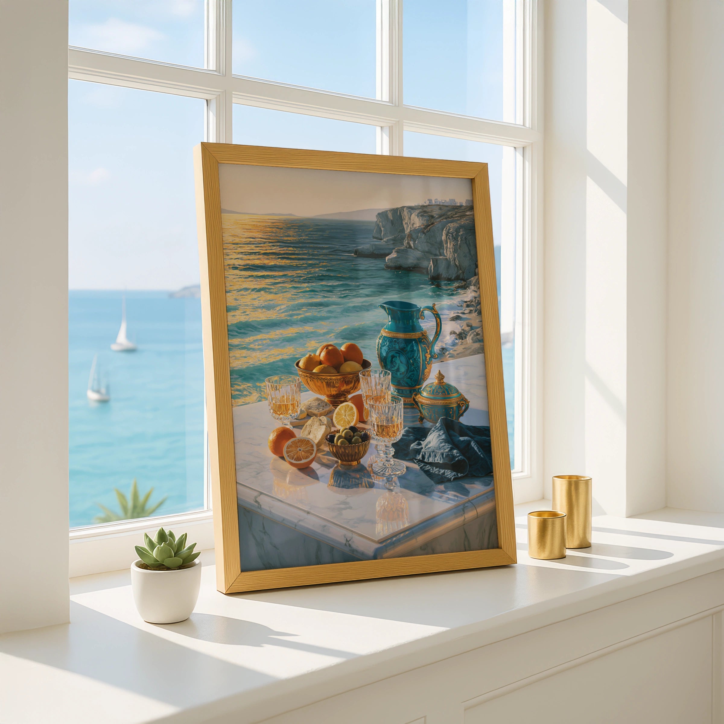 Greek Sea Breakfast Still Life Poster, Mediterranean Marble Terrace Wall Art