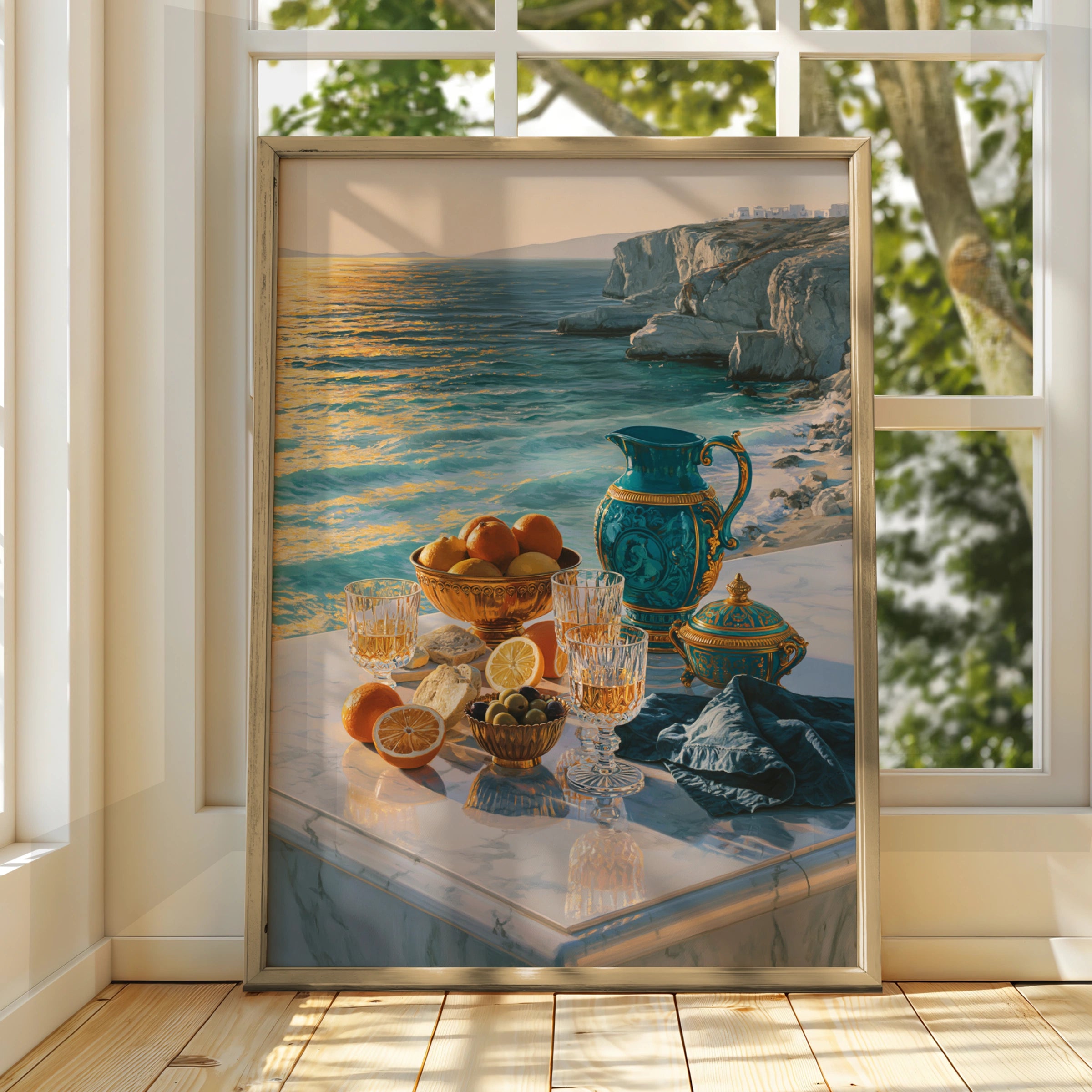 Greek Sea Breakfast Still Life Poster, Mediterranean Marble Terrace Wall Art