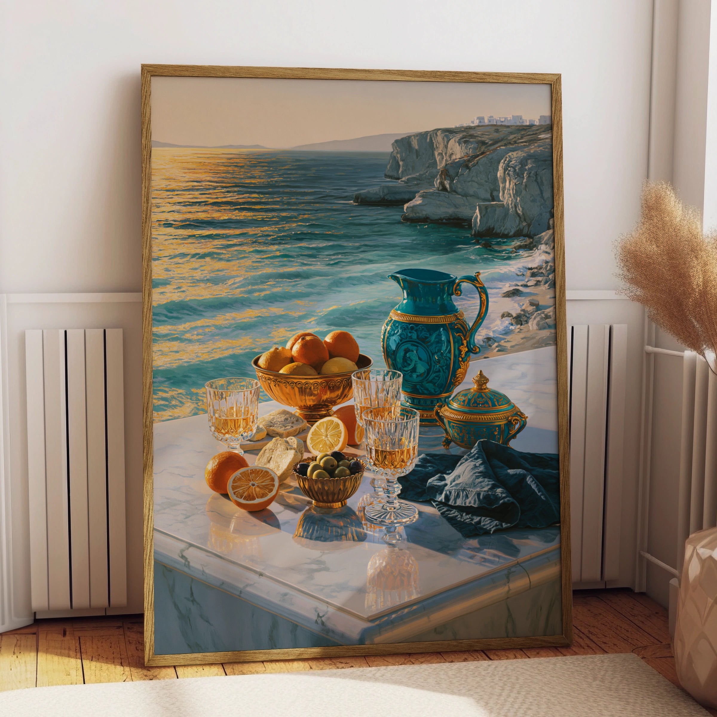 Greek Sea Breakfast Still Life Poster, Mediterranean Marble Terrace Wall Art
