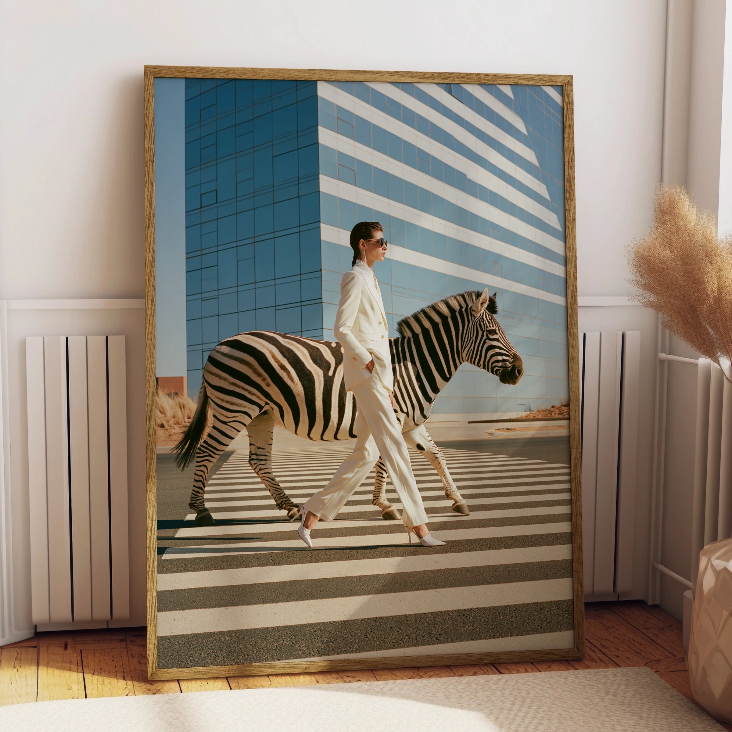Woman & Zebra Crossing Street, Surreal Fashion Wall Art Poster