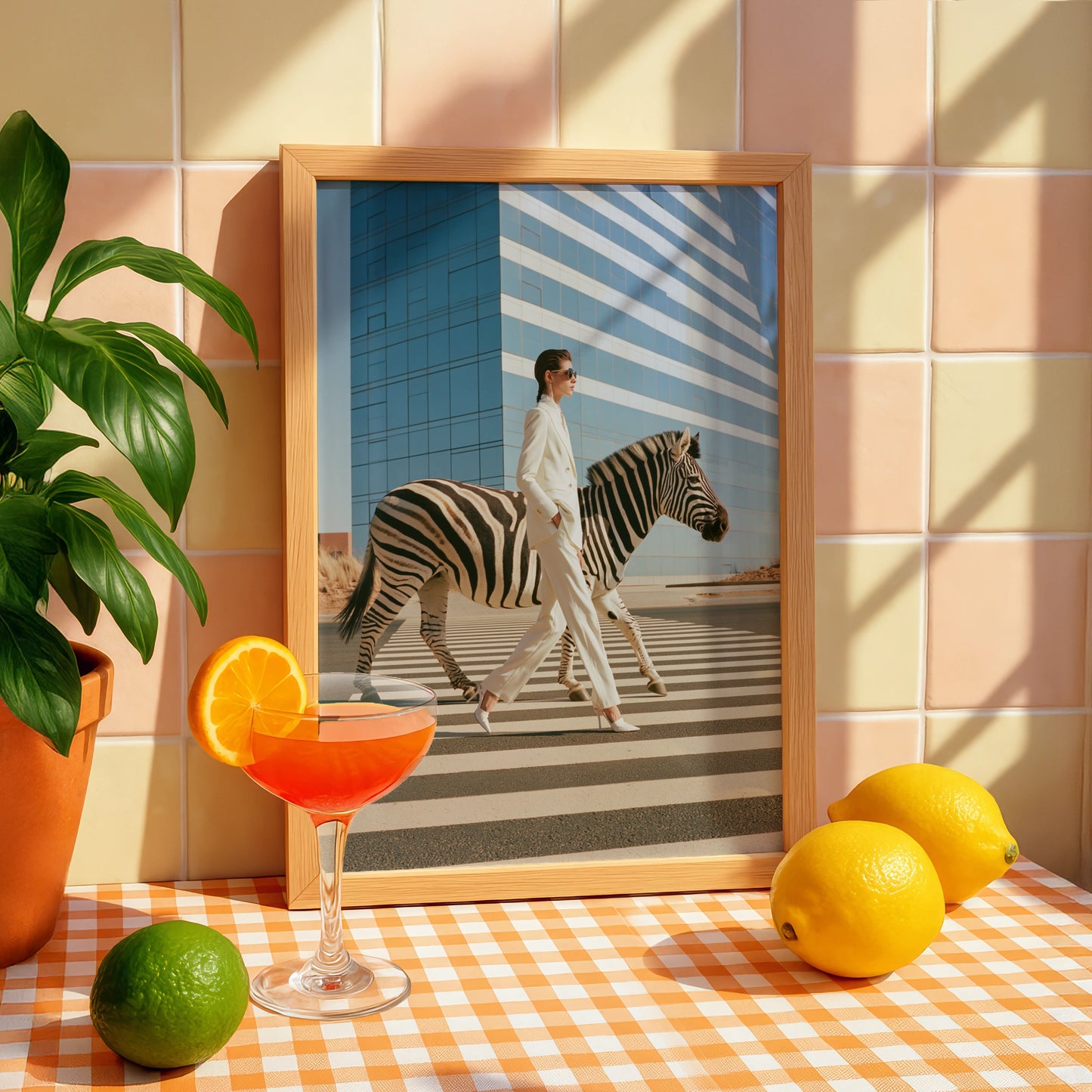 Woman & Zebra Crossing Street, Surreal Fashion Wall Art Poster