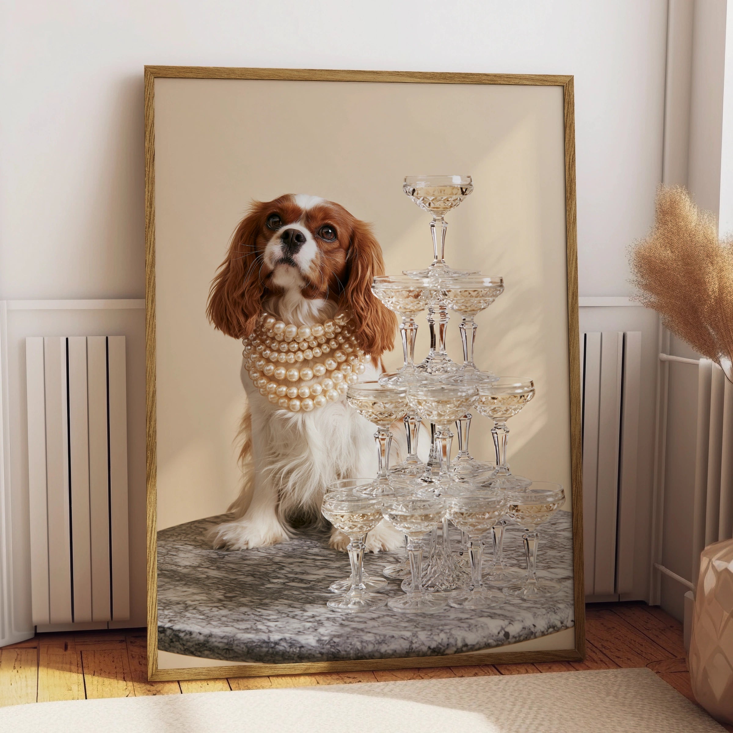 Cavalier King Charles Spaniel Champagne Tower Poster, Luxury Dog Wall Art