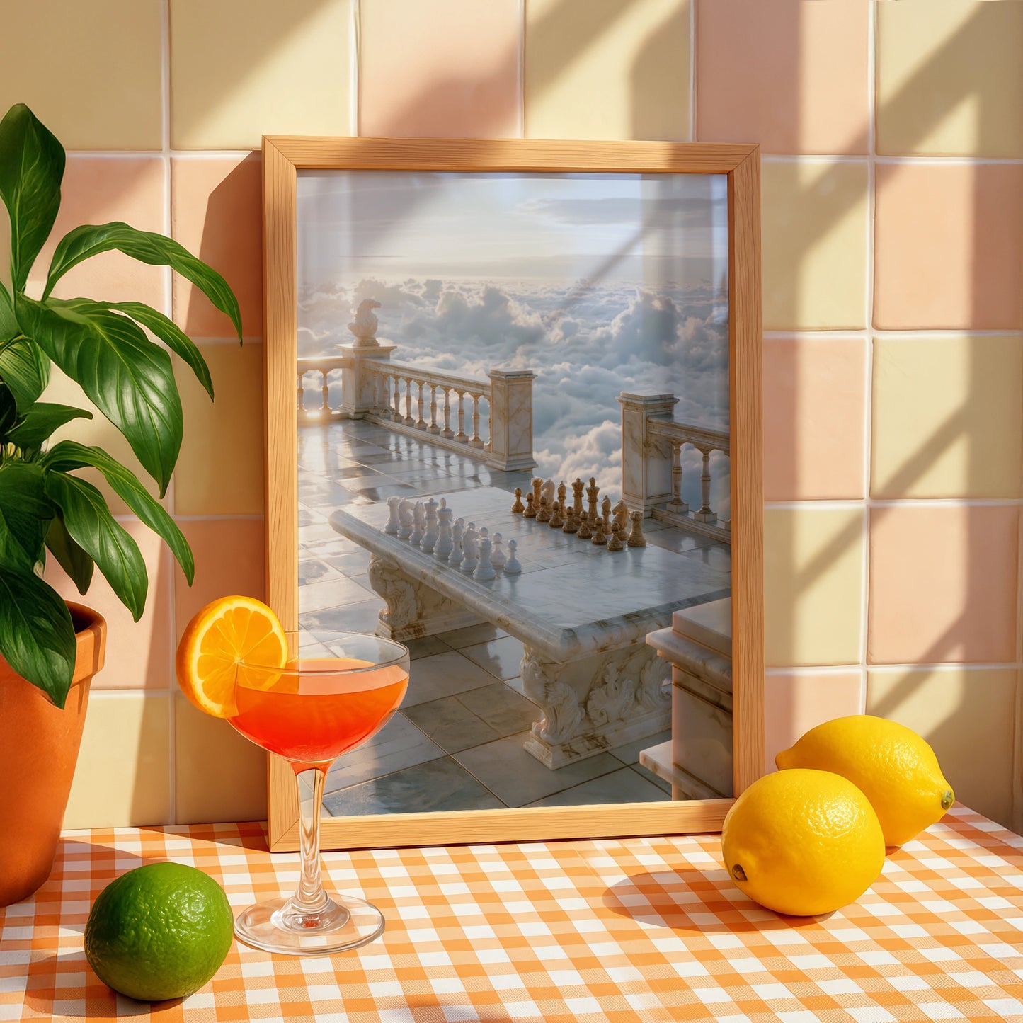 Chess Above the Clouds, Marble Terrace Wall Art Poster, Surreal Sky Print
