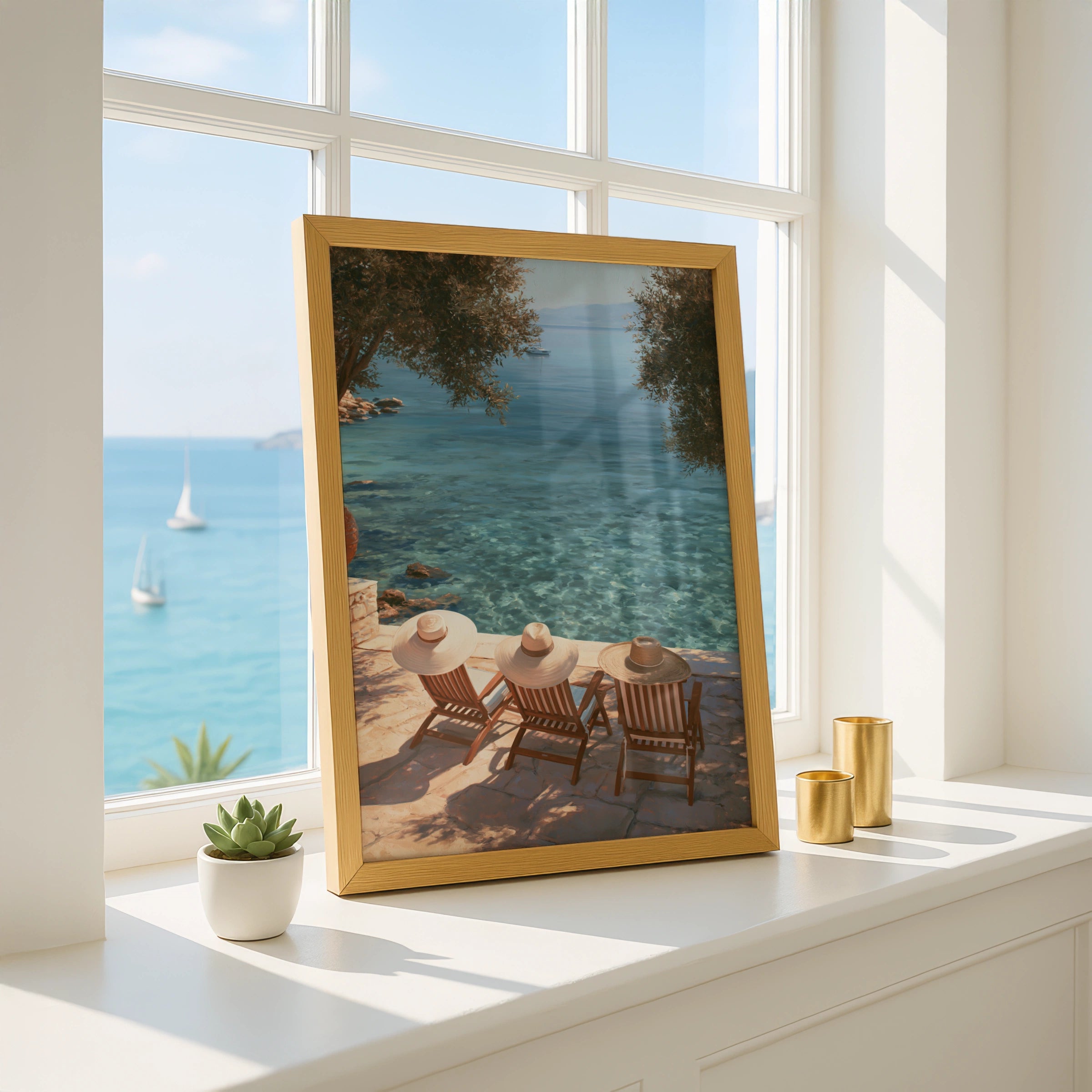 Straw Hats Beach Poster, Mediterranean Terrace Print, Summer Coastal Wall Art