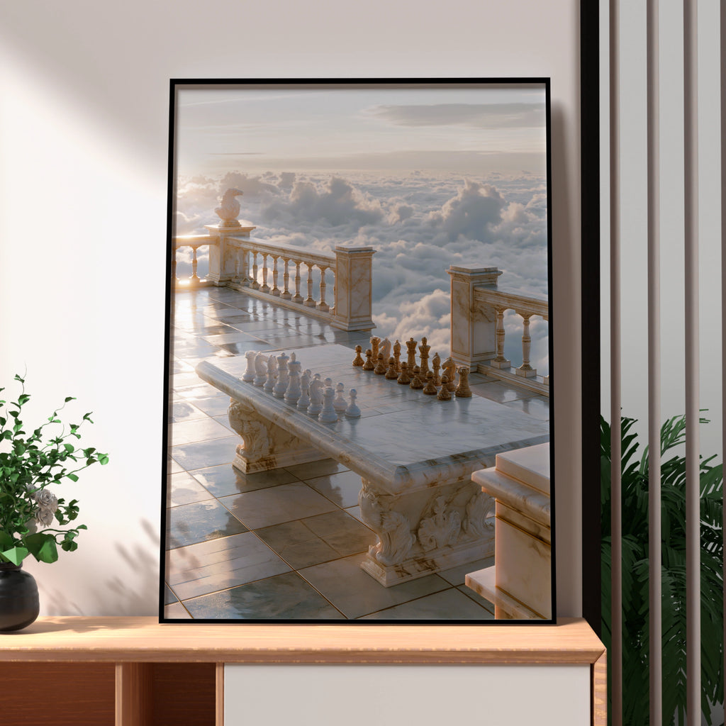 Chess Above the Clouds, Marble Terrace Wall Art Poster, Surreal Sky Print