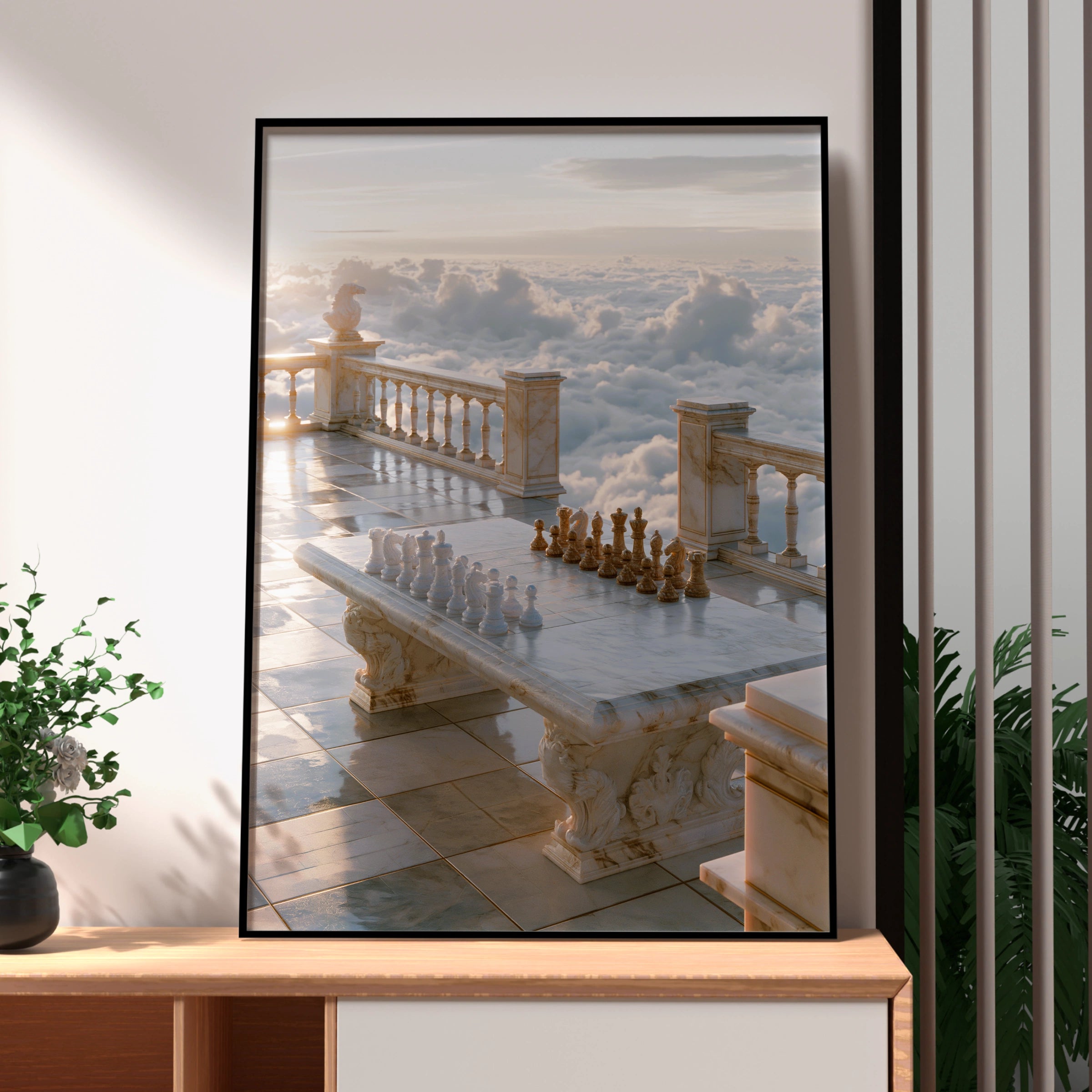 Chess Above the Clouds, Marble Terrace Wall Art Poster, Surreal Sky Print
