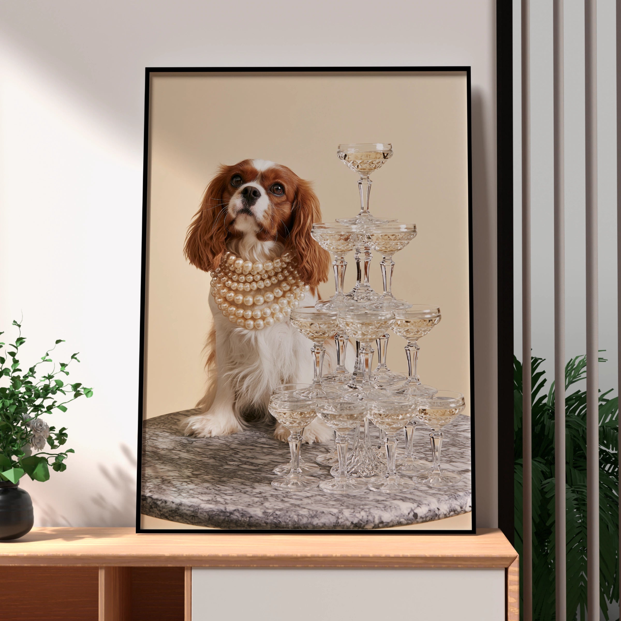 Cavalier King Charles Spaniel Champagne Tower Poster, Luxury Dog Wall Art