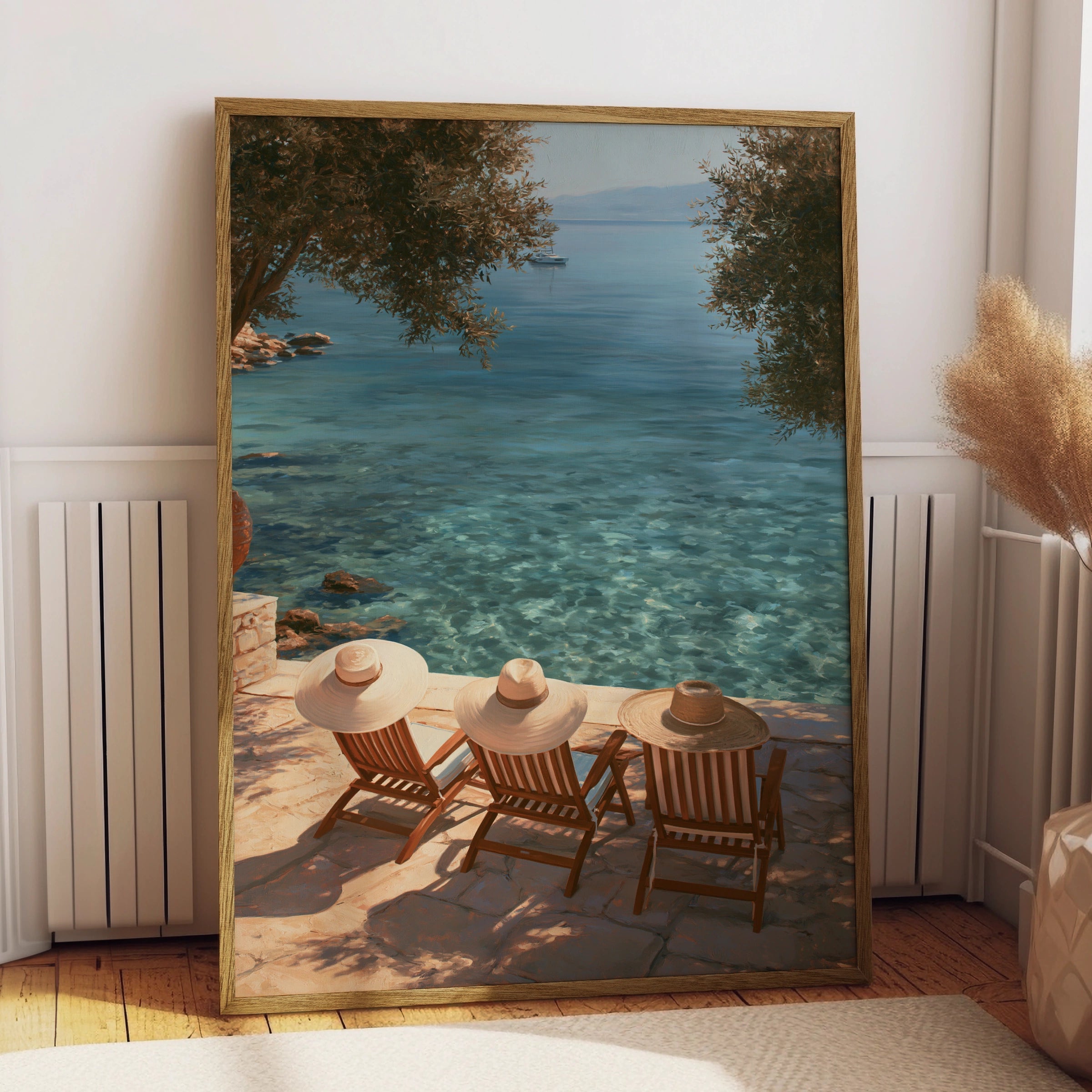 Straw Hats Beach Poster, Mediterranean Terrace Print, Summer Coastal Wall Art