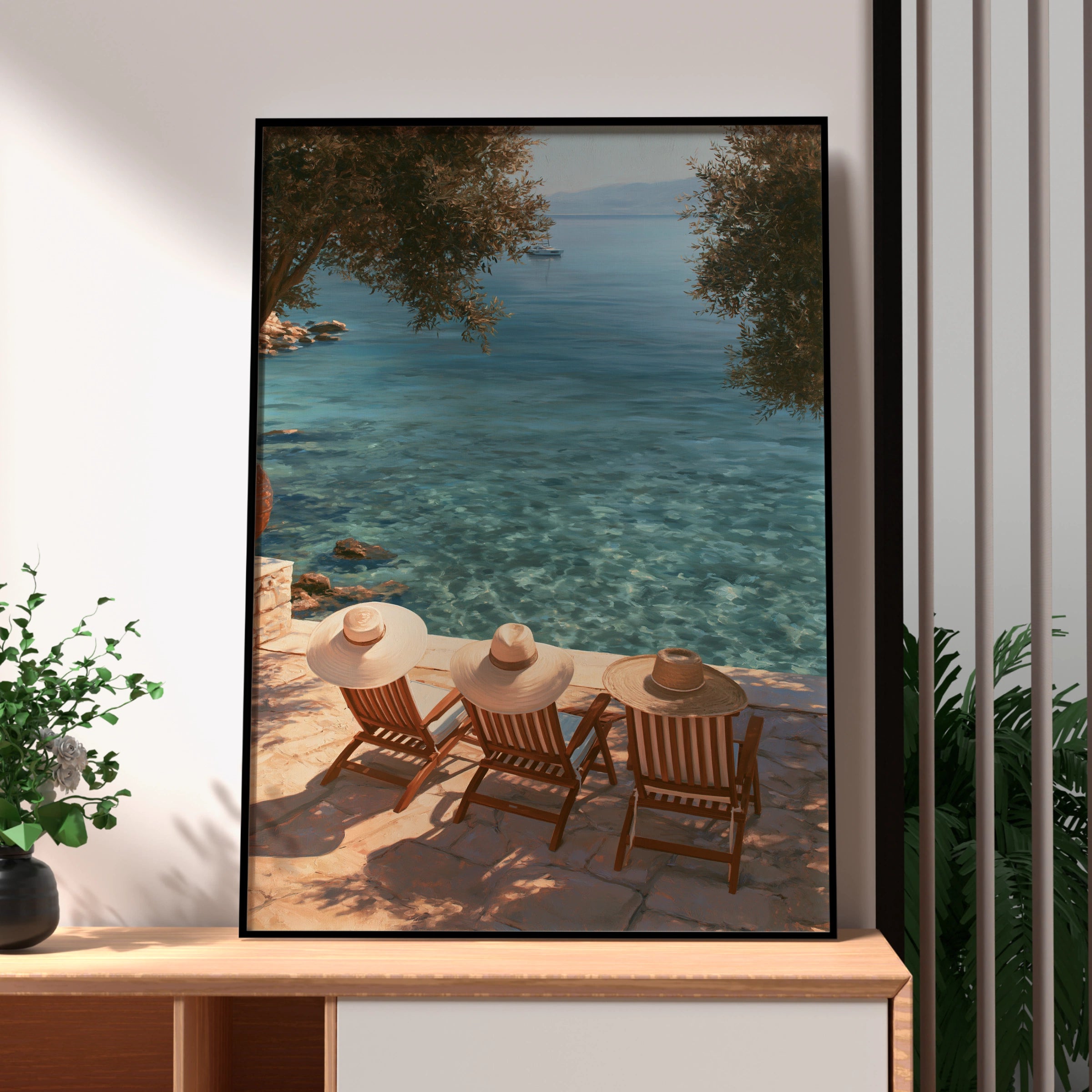Straw Hats Beach Poster, Mediterranean Terrace Print, Summer Coastal Wall Art