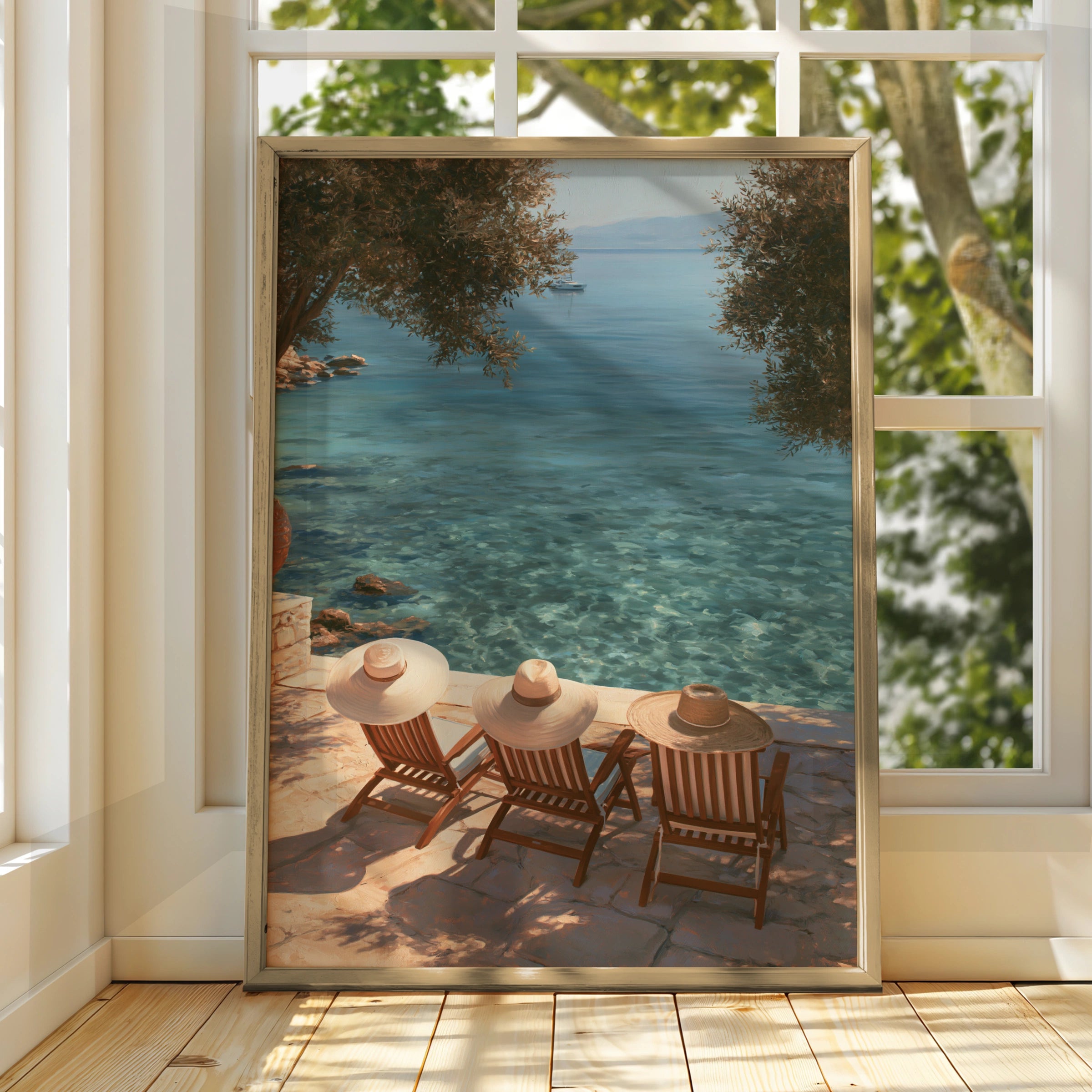 Straw Hats Beach Poster, Mediterranean Terrace Print, Summer Coastal Wall Art