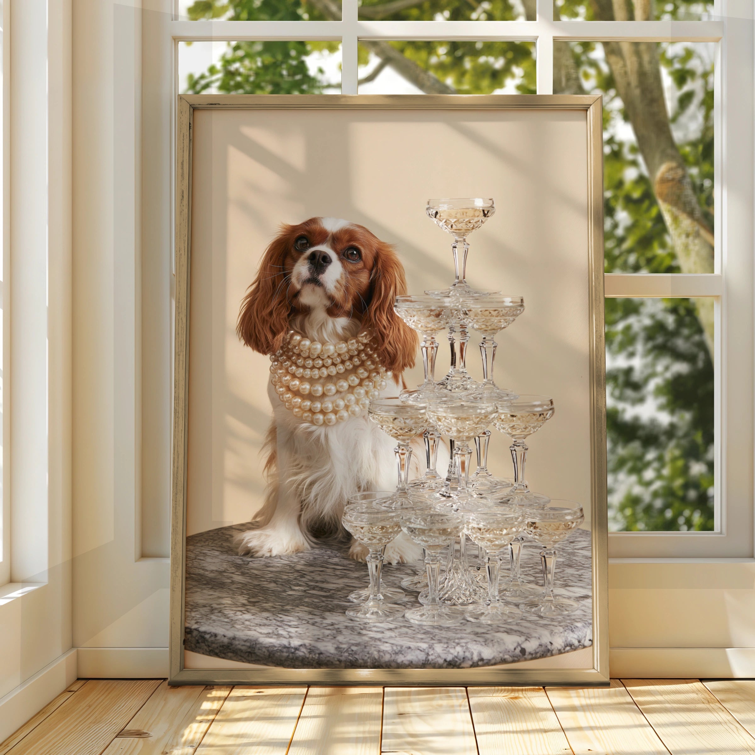 Cavalier King Charles Spaniel Champagne Tower Poster, Luxury Dog Wall Art