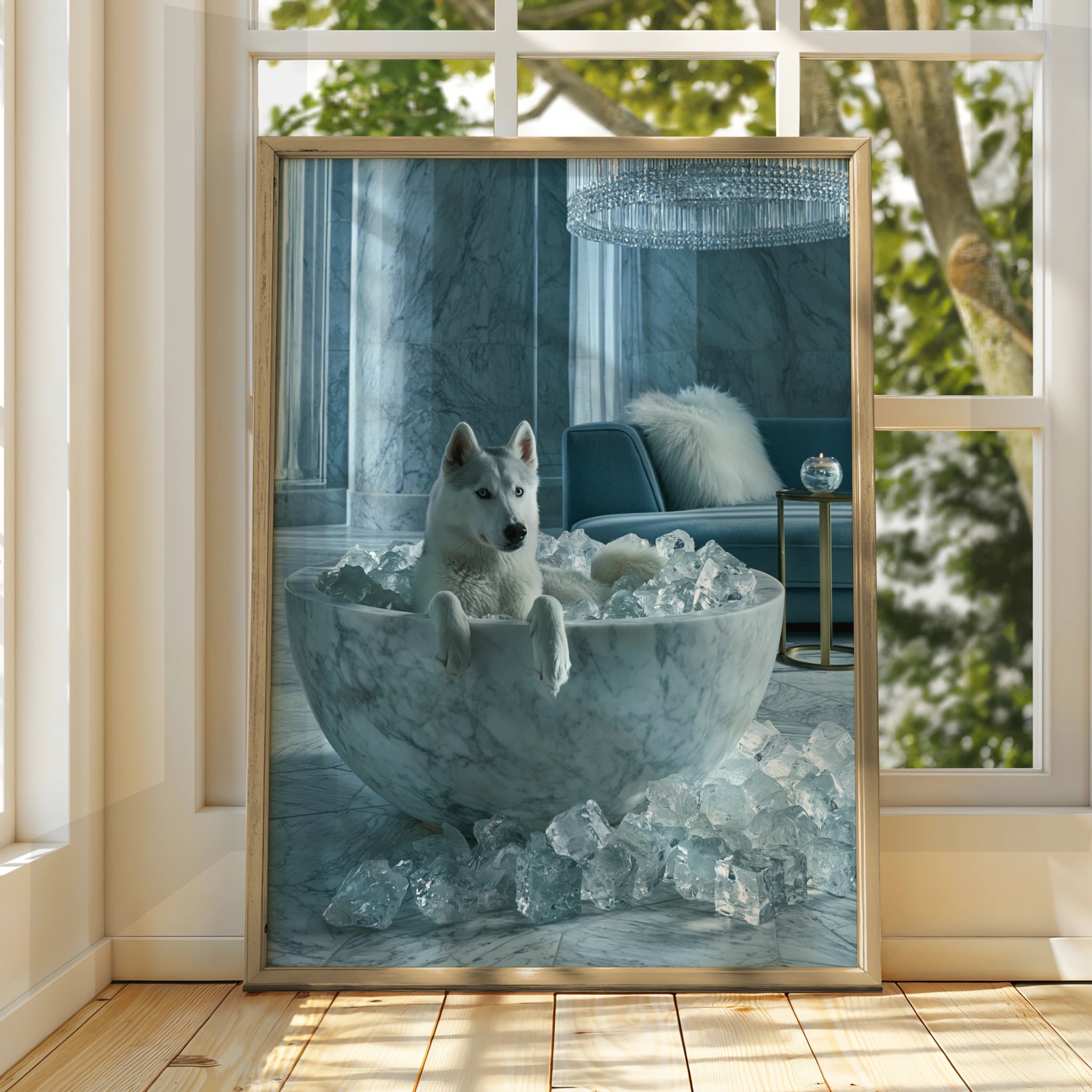 Husky in Marble Ice Bath Poster, Luxury Dog Wall Art, Cool Blue Print