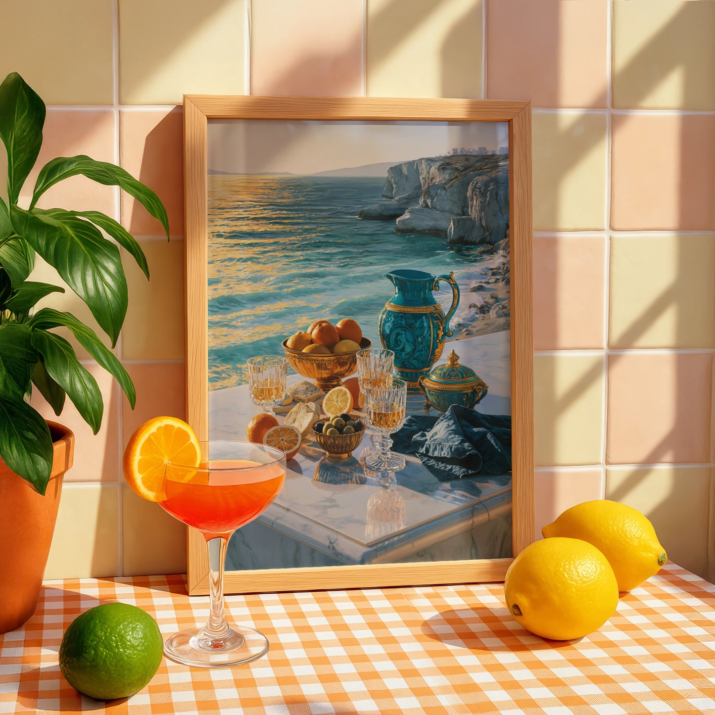 Greek Sea Breakfast Still Life Poster, Mediterranean Marble Terrace Wall Art
