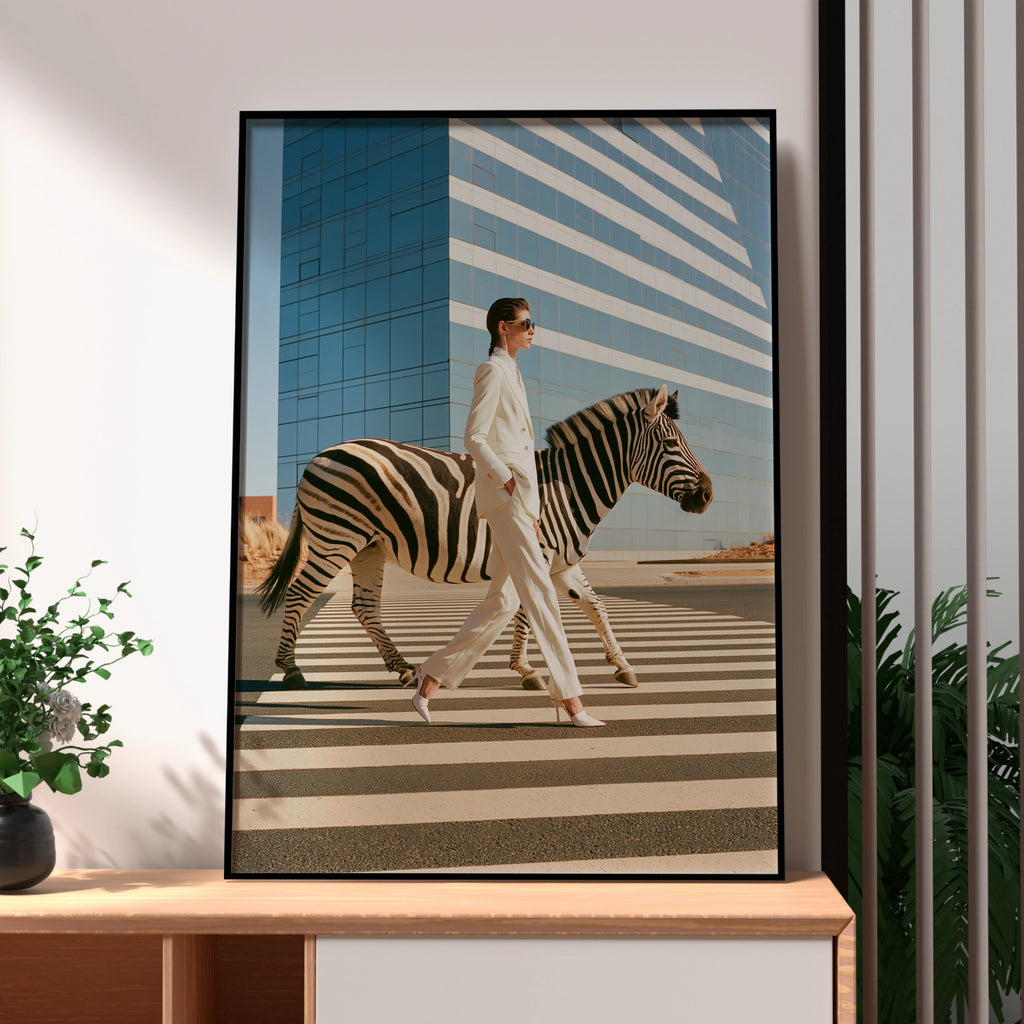 Woman & Zebra Crossing Street, Surreal Fashion Wall Art Poster
