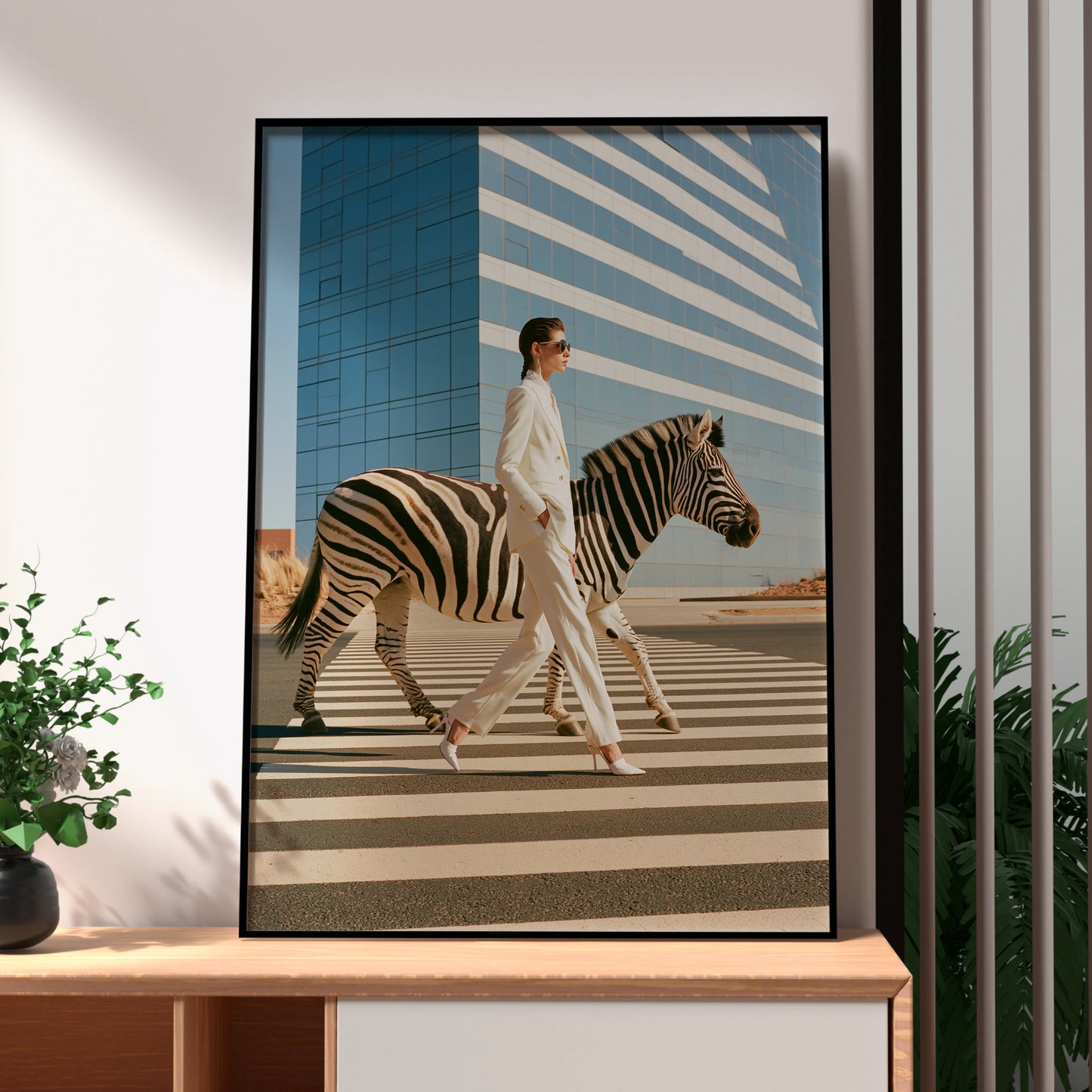 Woman & Zebra Crossing Street, Surreal Fashion Wall Art Poster