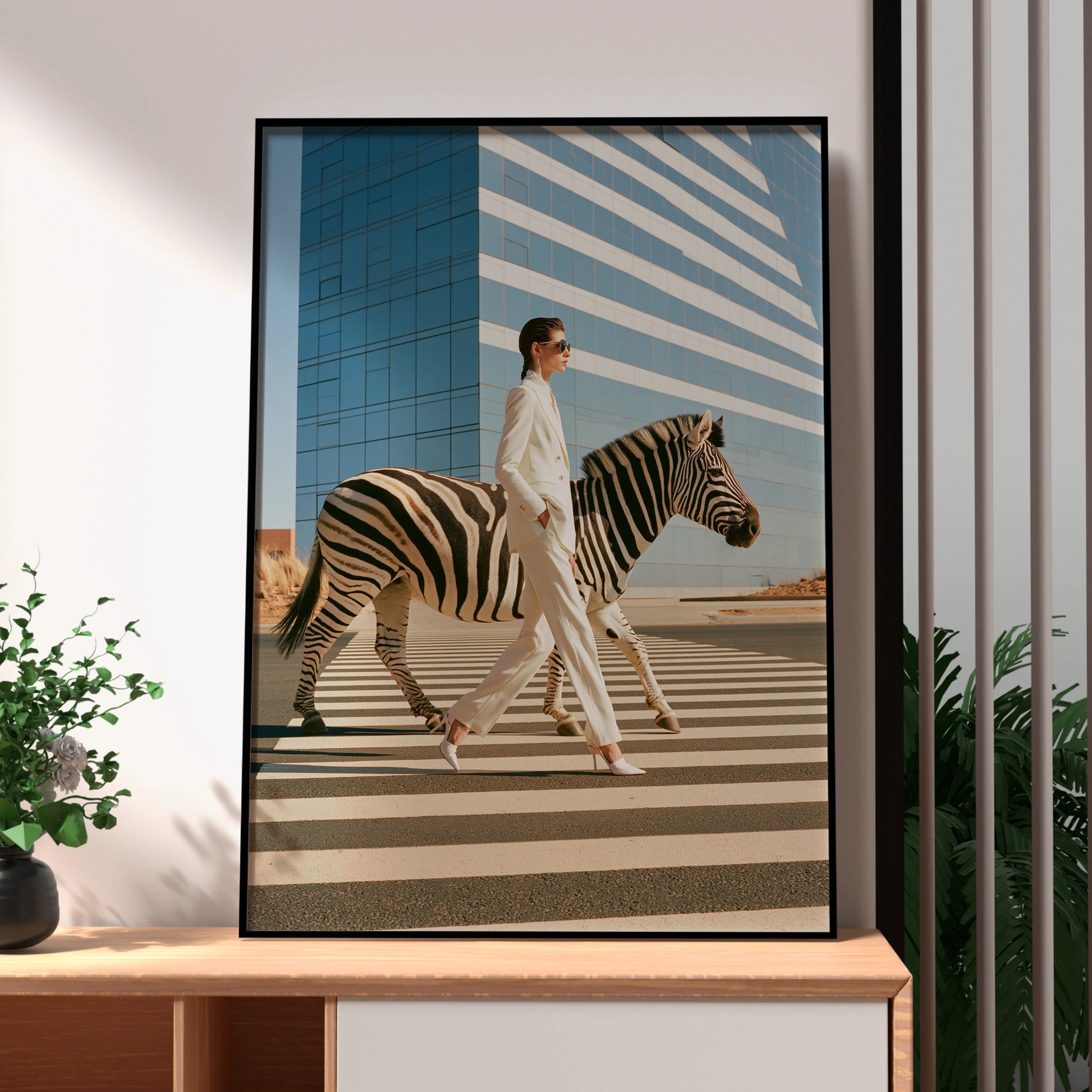 Woman & Zebra Crossing Street, Surreal Fashion Wall Art Poster