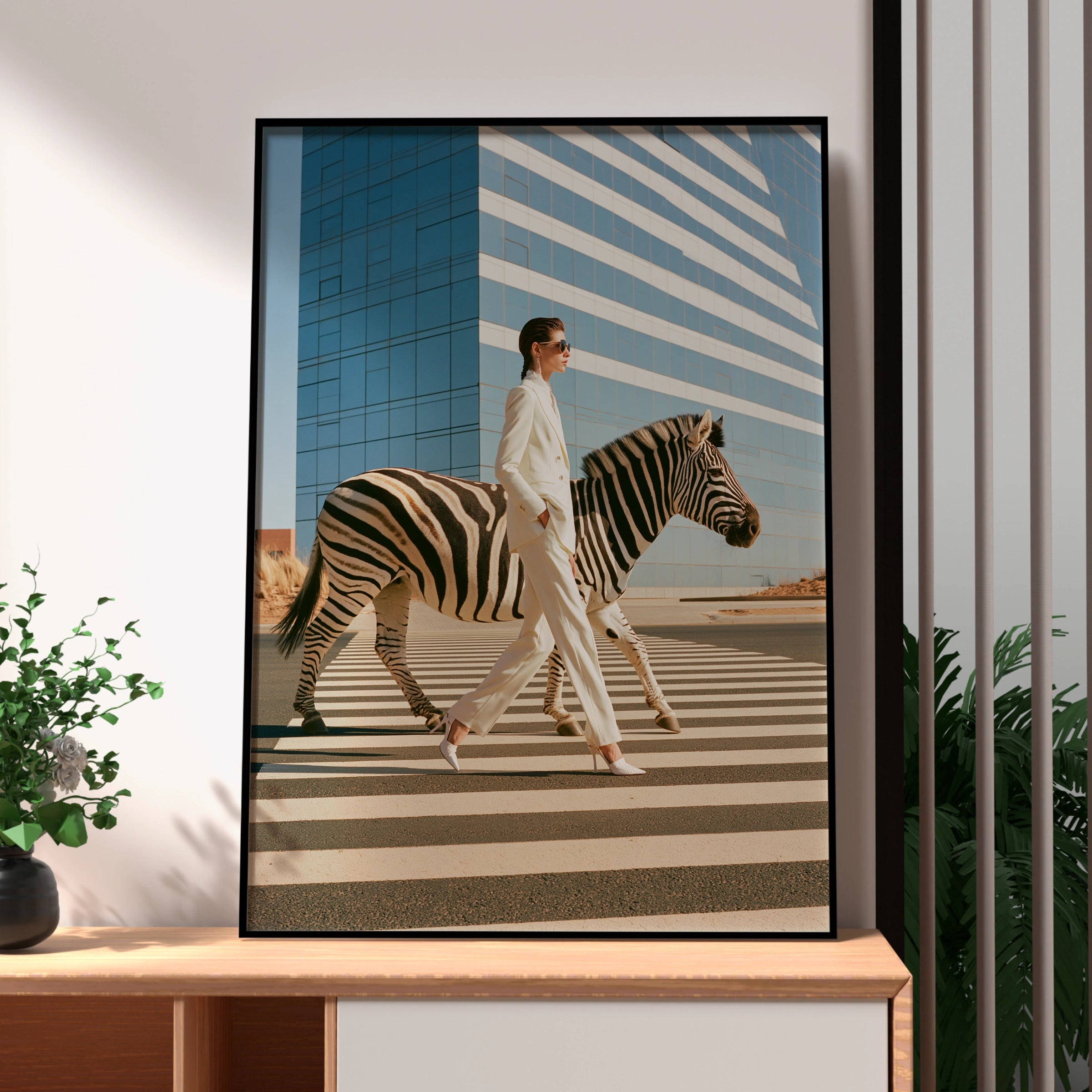 Woman & Zebra Crossing Street, Surreal Fashion Wall Art Poster