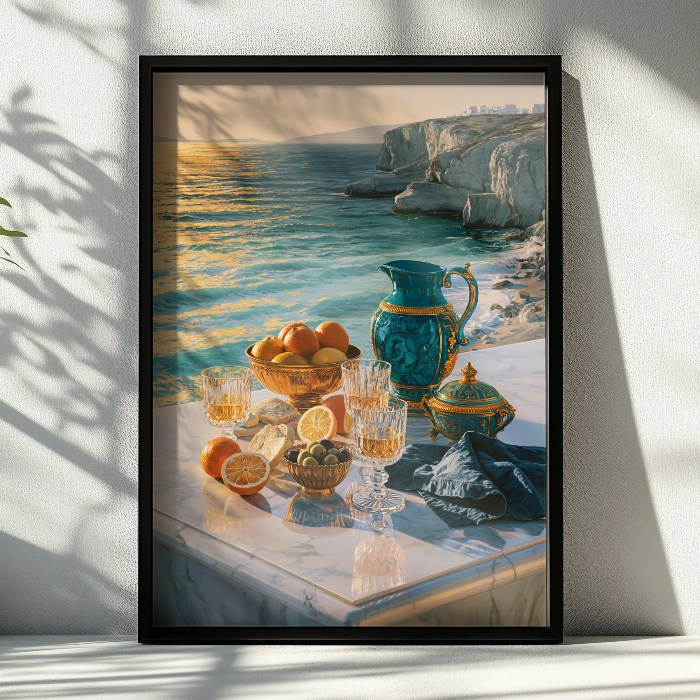Greek Sea Breakfast Still Life Poster, Mediterranean Marble Terrace Wall Art