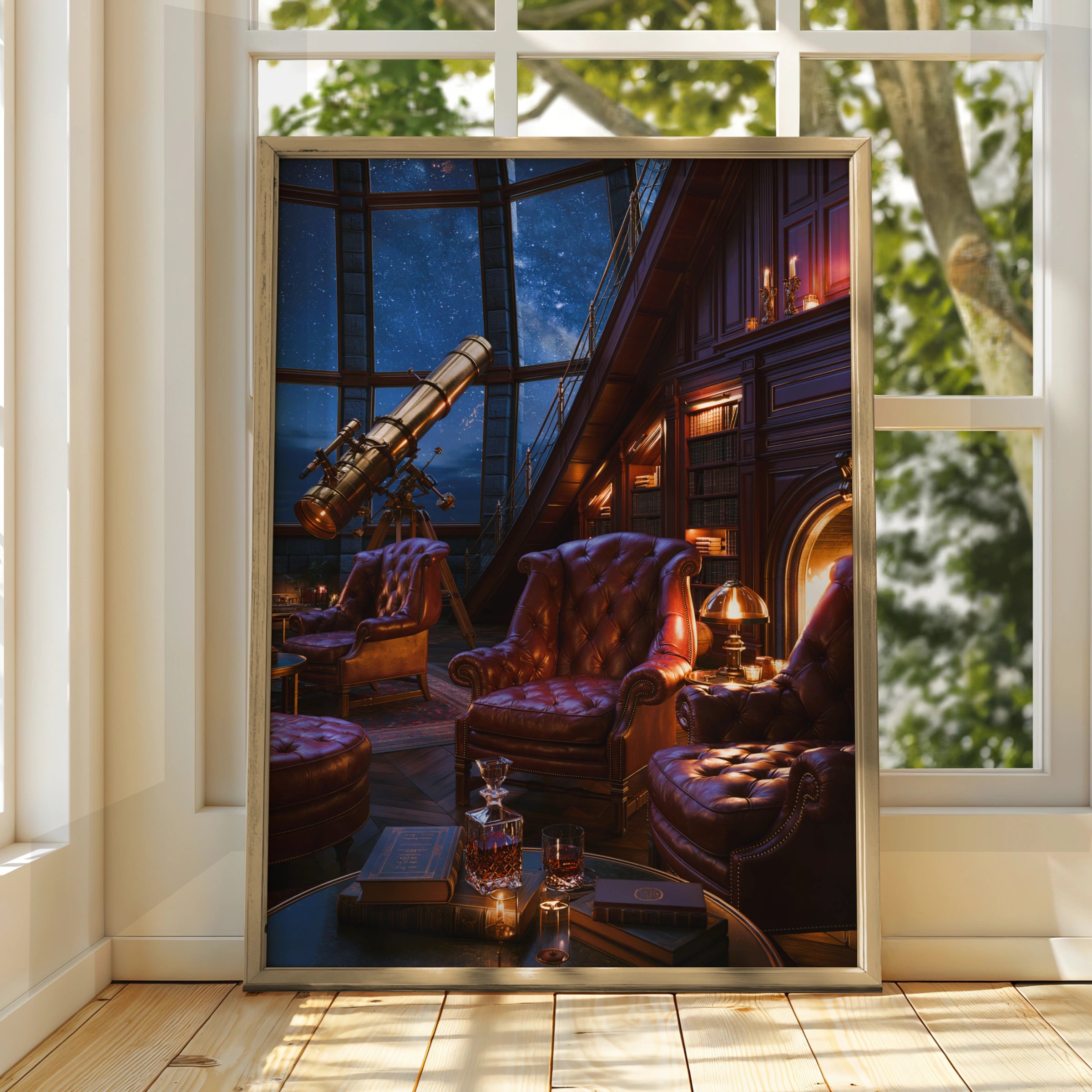 Observatory Armchair Night Sky Poster, Telescope Library Wall Art, Vintage Aesthetic Print